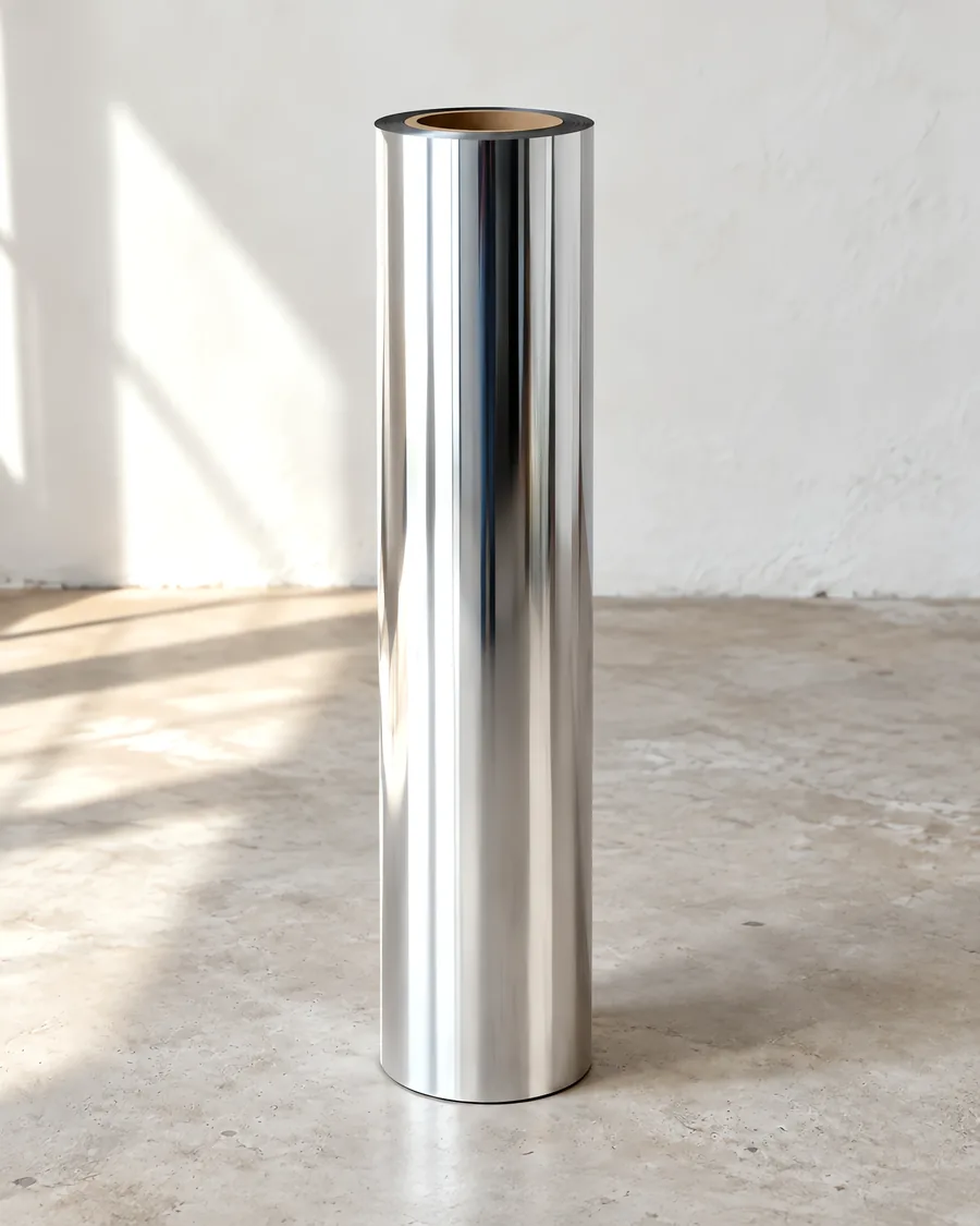 Rollo de vinilo espejado mir silver, parado en el taller