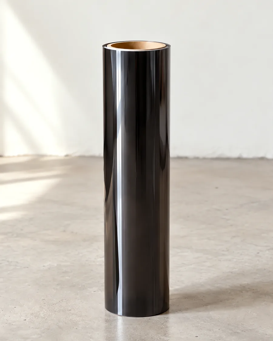 Rollo de vinilo polarizado medio, parado en el taller