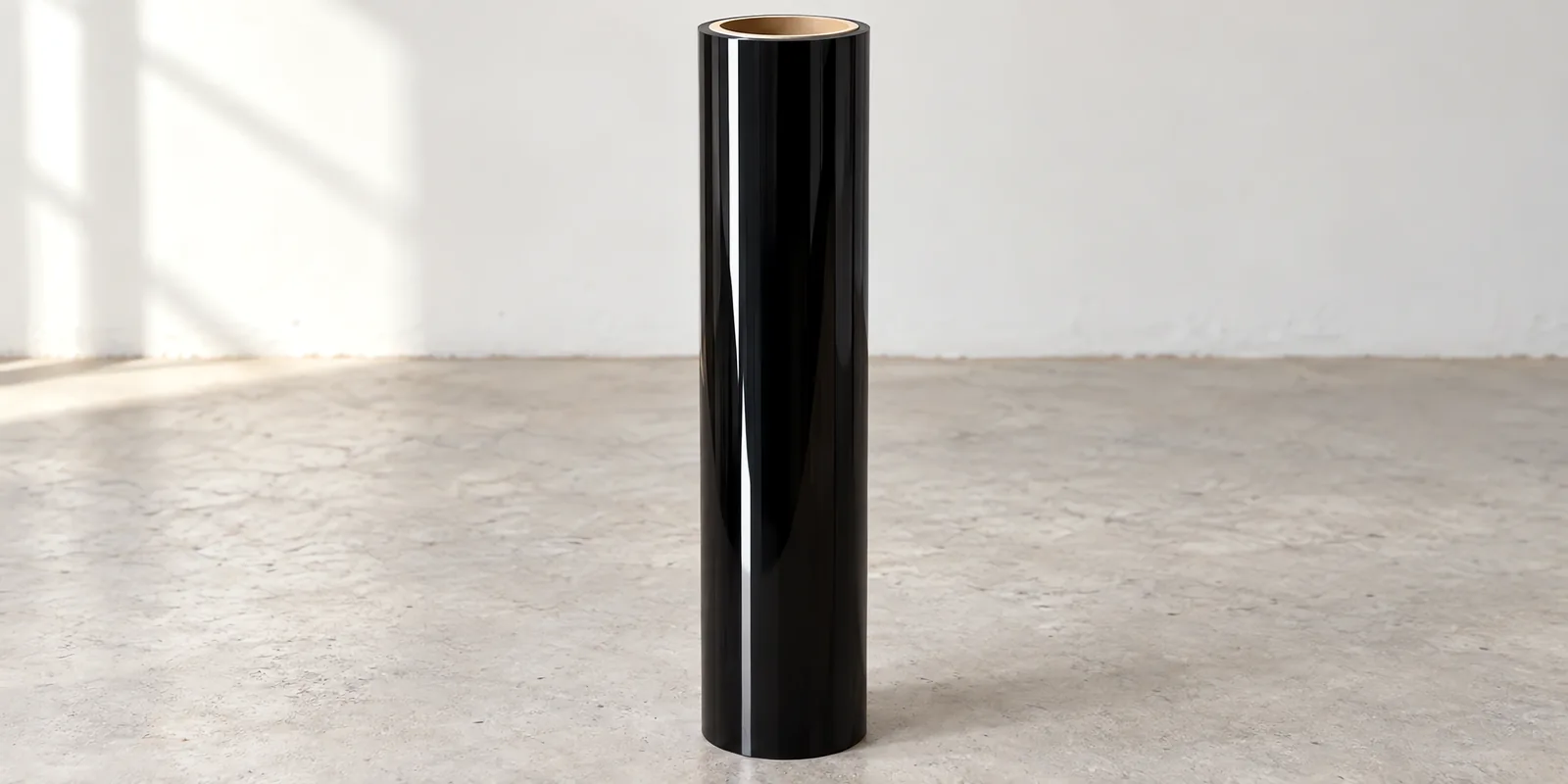 Rollo de vinilo polarizado oscuro, parado en el taller