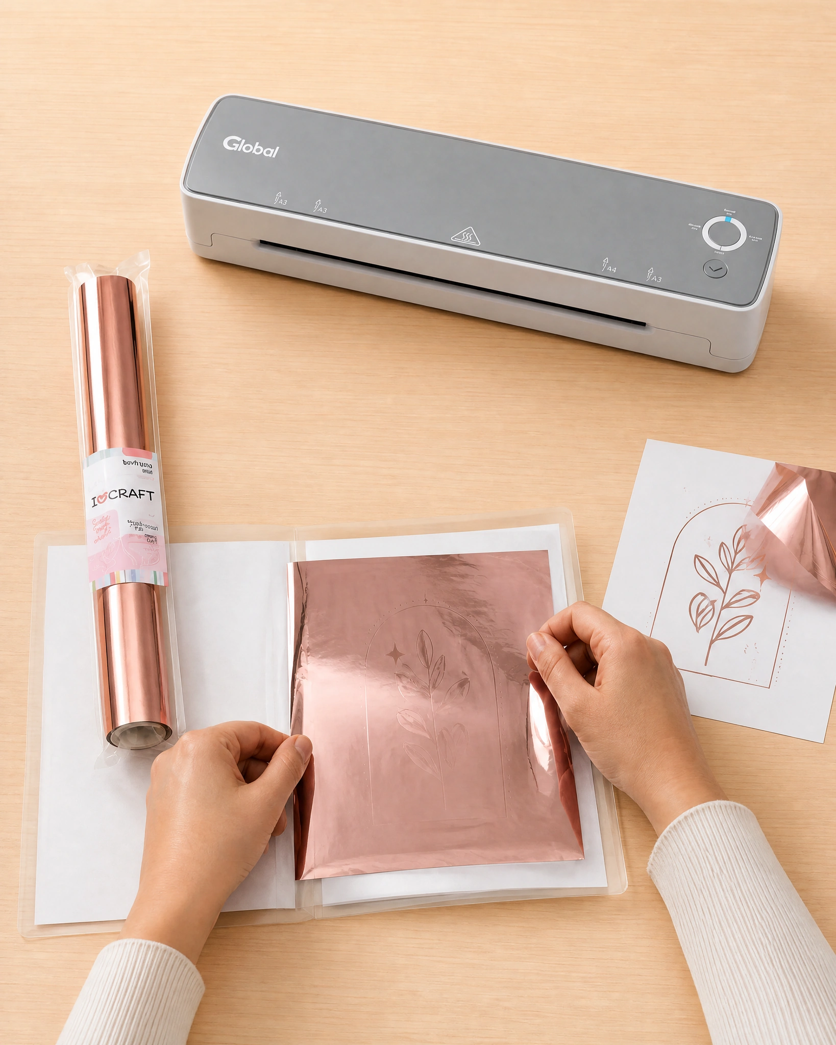 Manos apoyando la lámina de foil sobre la hoja impresa