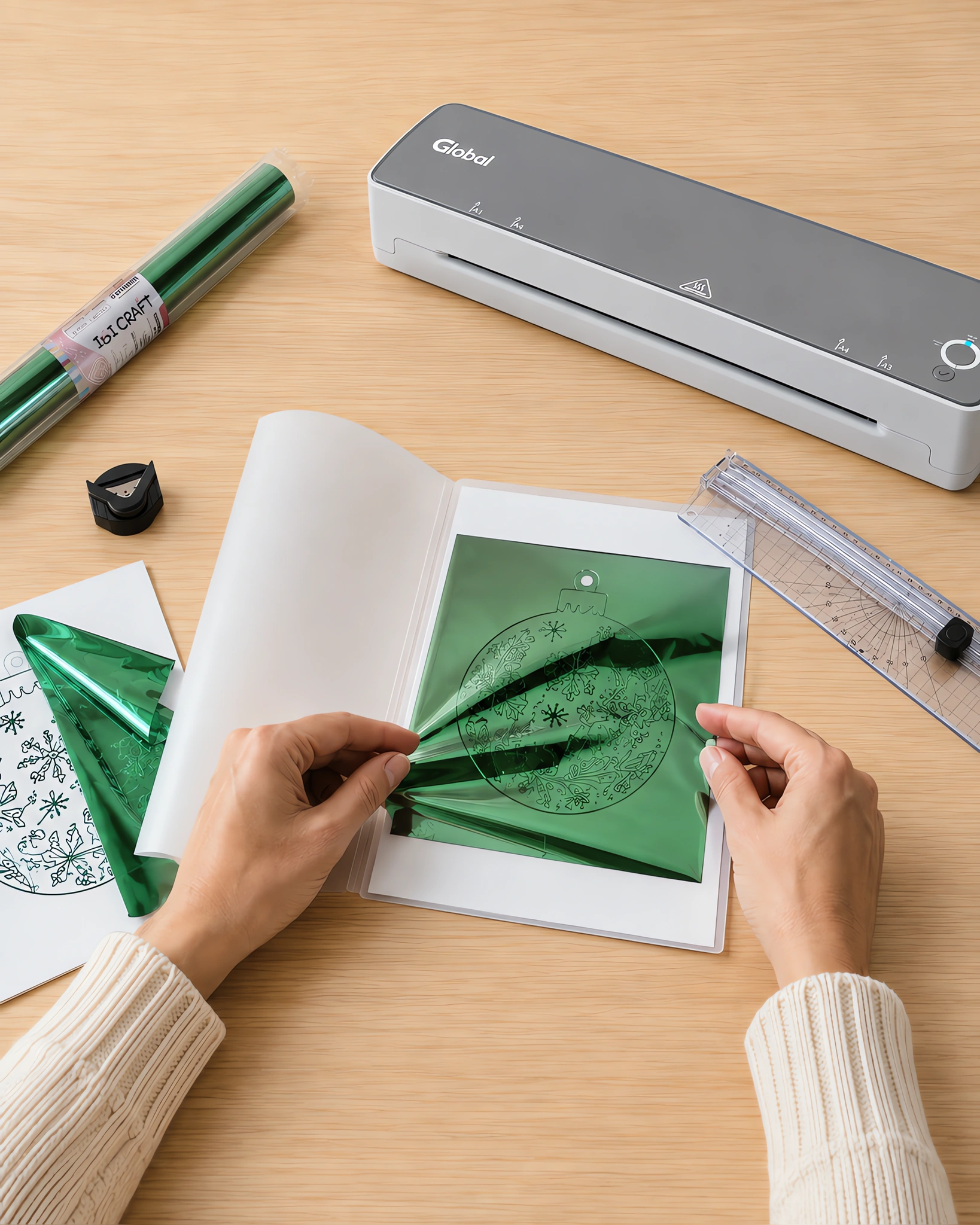 Manos apoyando la lámina de foil sobre la hoja impresa