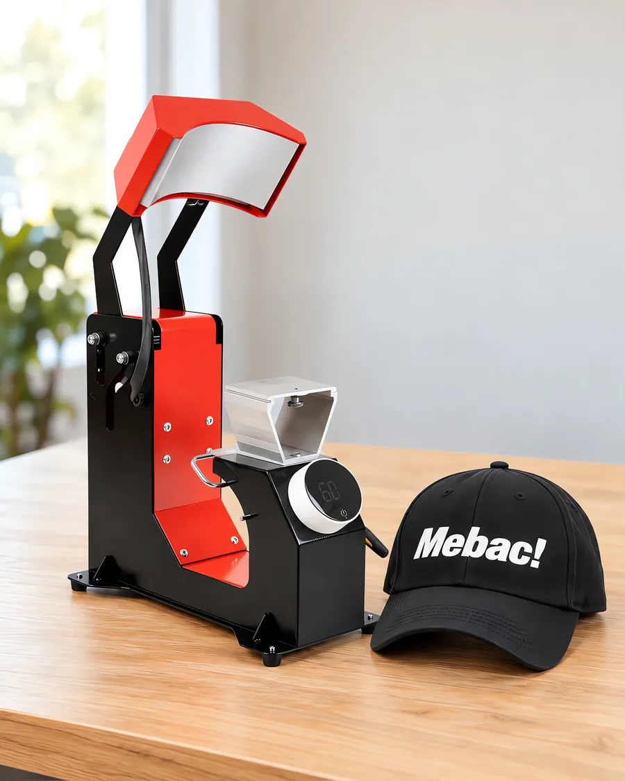 Prensa de gorras automática sobre la mesa, con la gorra recién estampada al lado