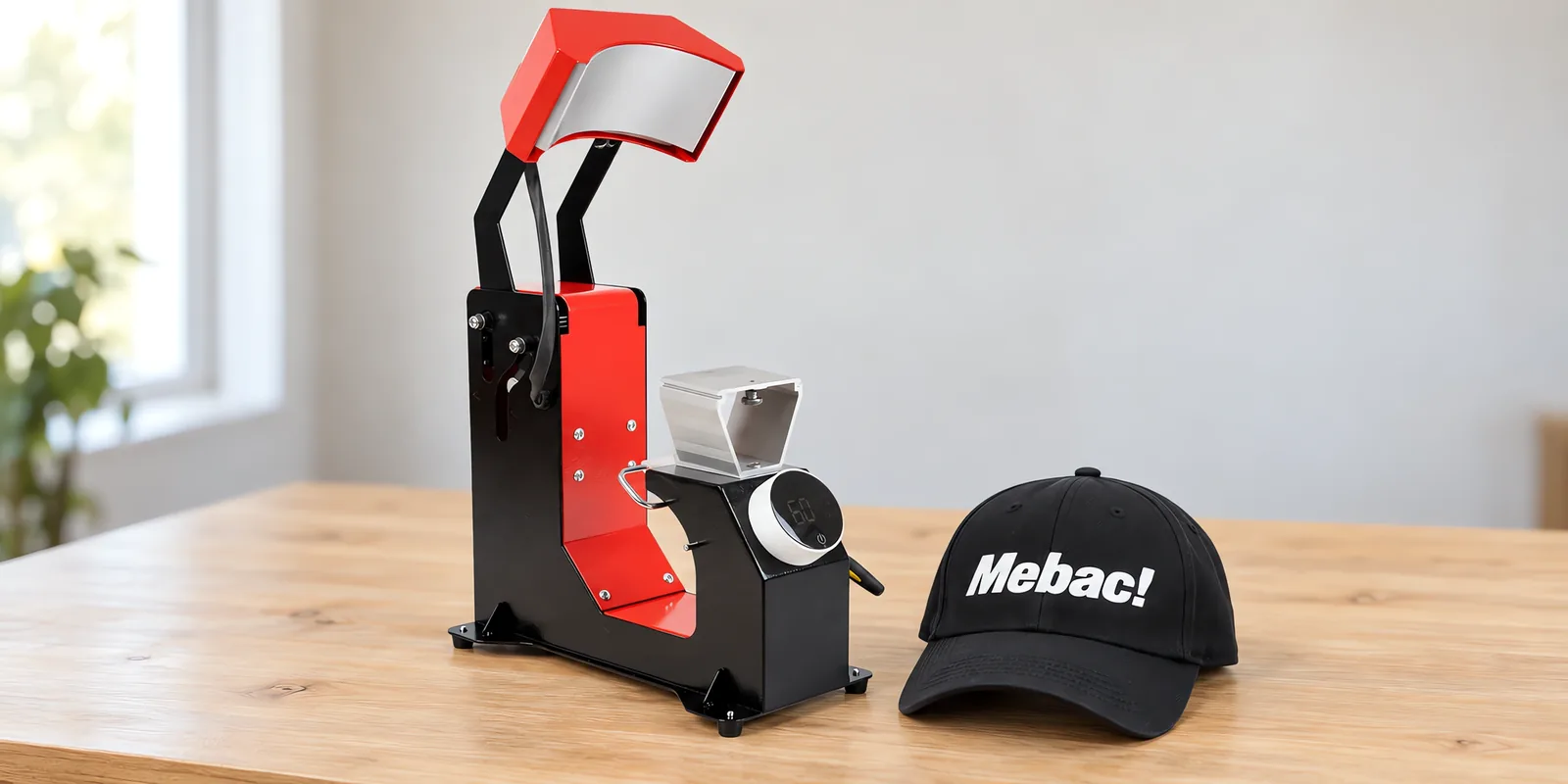 Prensa de gorras automática sobre la mesa, con la gorra recién estampada al lado