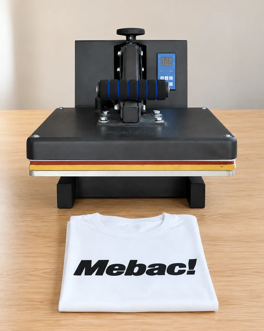 Prensa plana de 38 × 38 cm sobre la mesa, con la remera recién estampada al lado