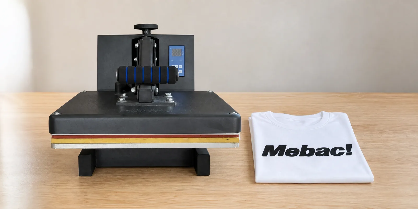 Prensa plana de 38 × 38 cm sobre la mesa, con la remera recién estampada al lado