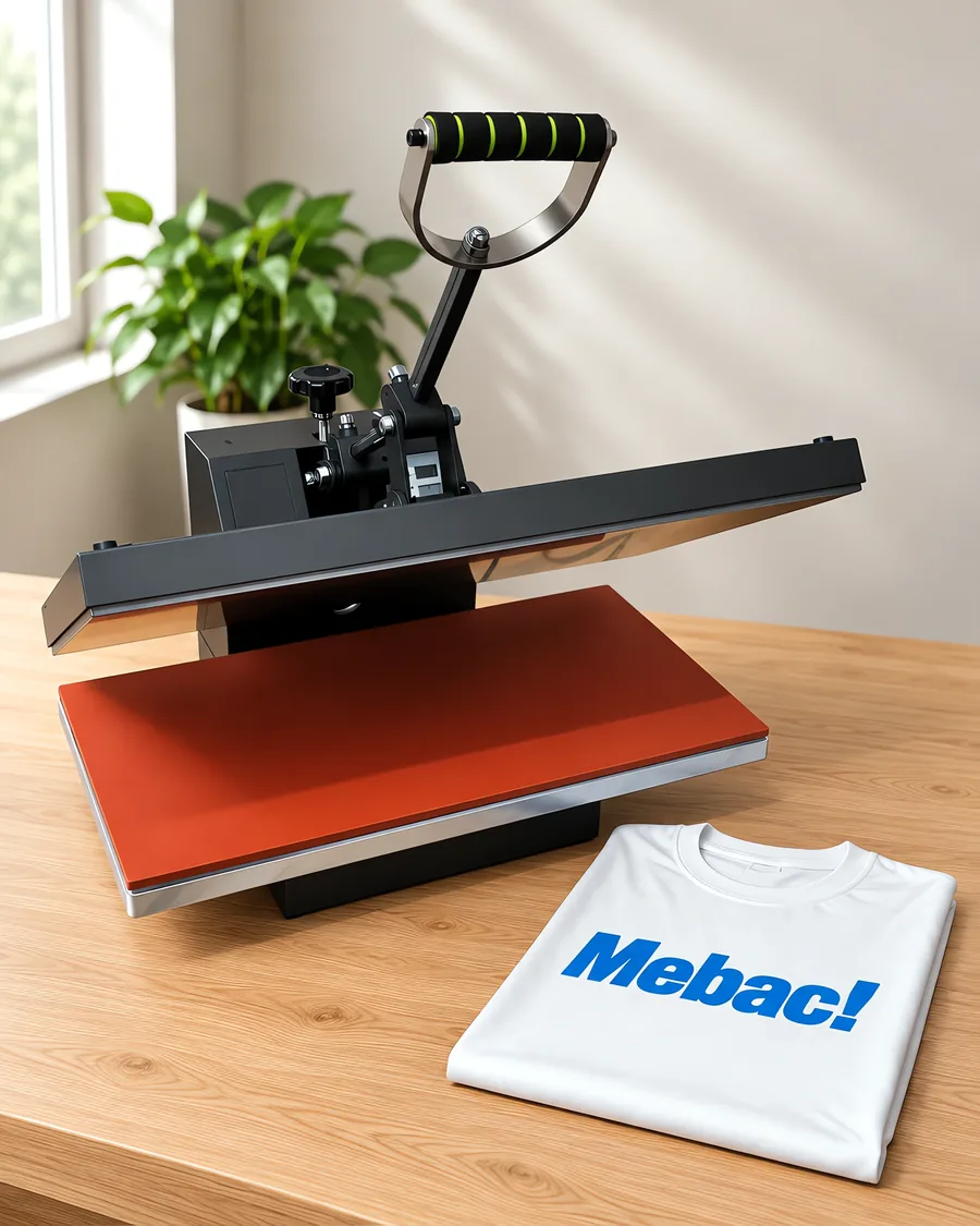 Prensa plana de 40 × 60 cm abierta sobre la mesa, con la remera recién estampada adelante