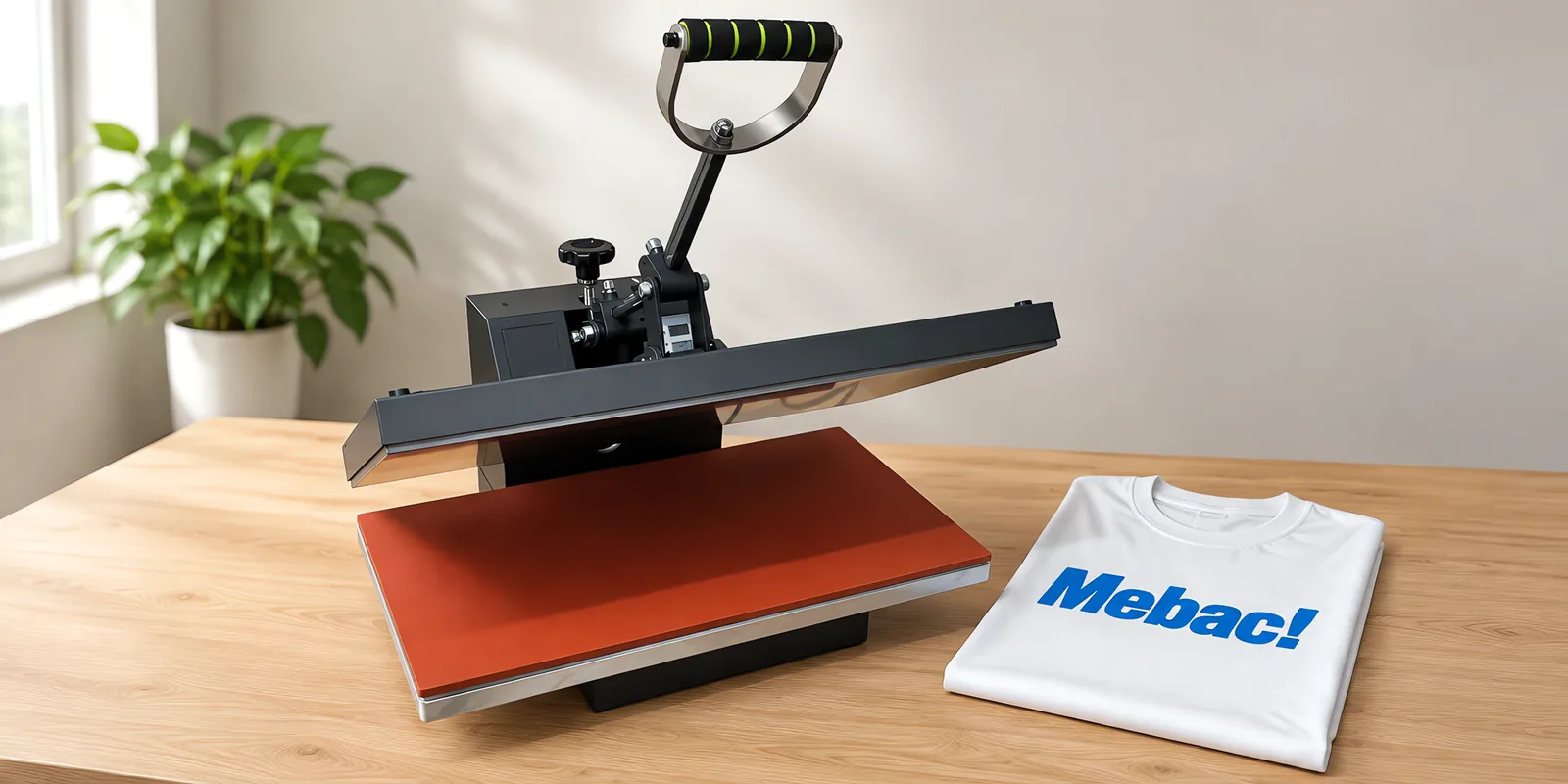 Prensa plana de 40 × 60 cm abierta sobre la mesa, con la remera recién estampada adelante