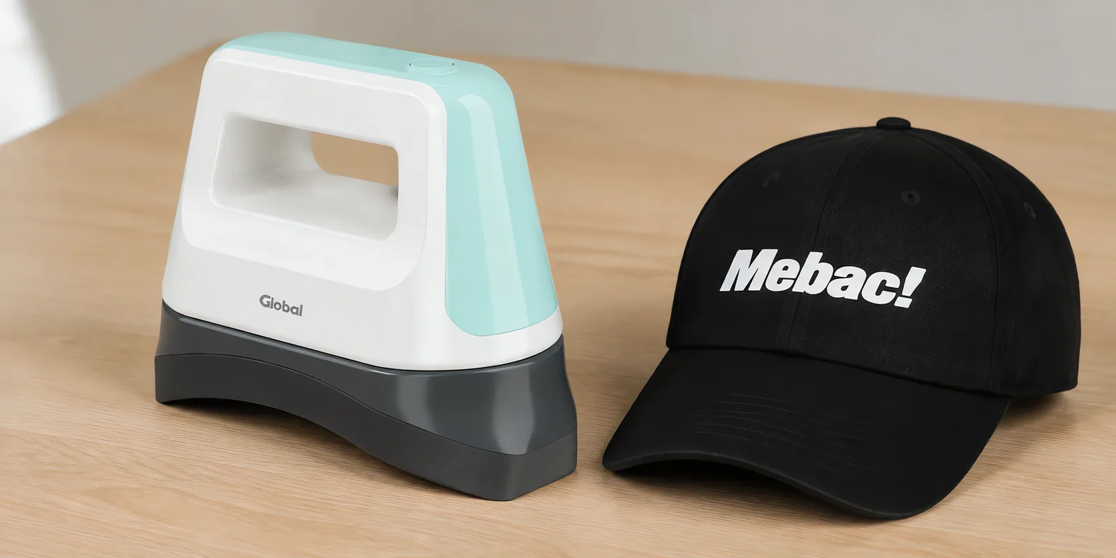 Prensa de gorras portátil sobre la mesa, con la gorra recién estampada al lado