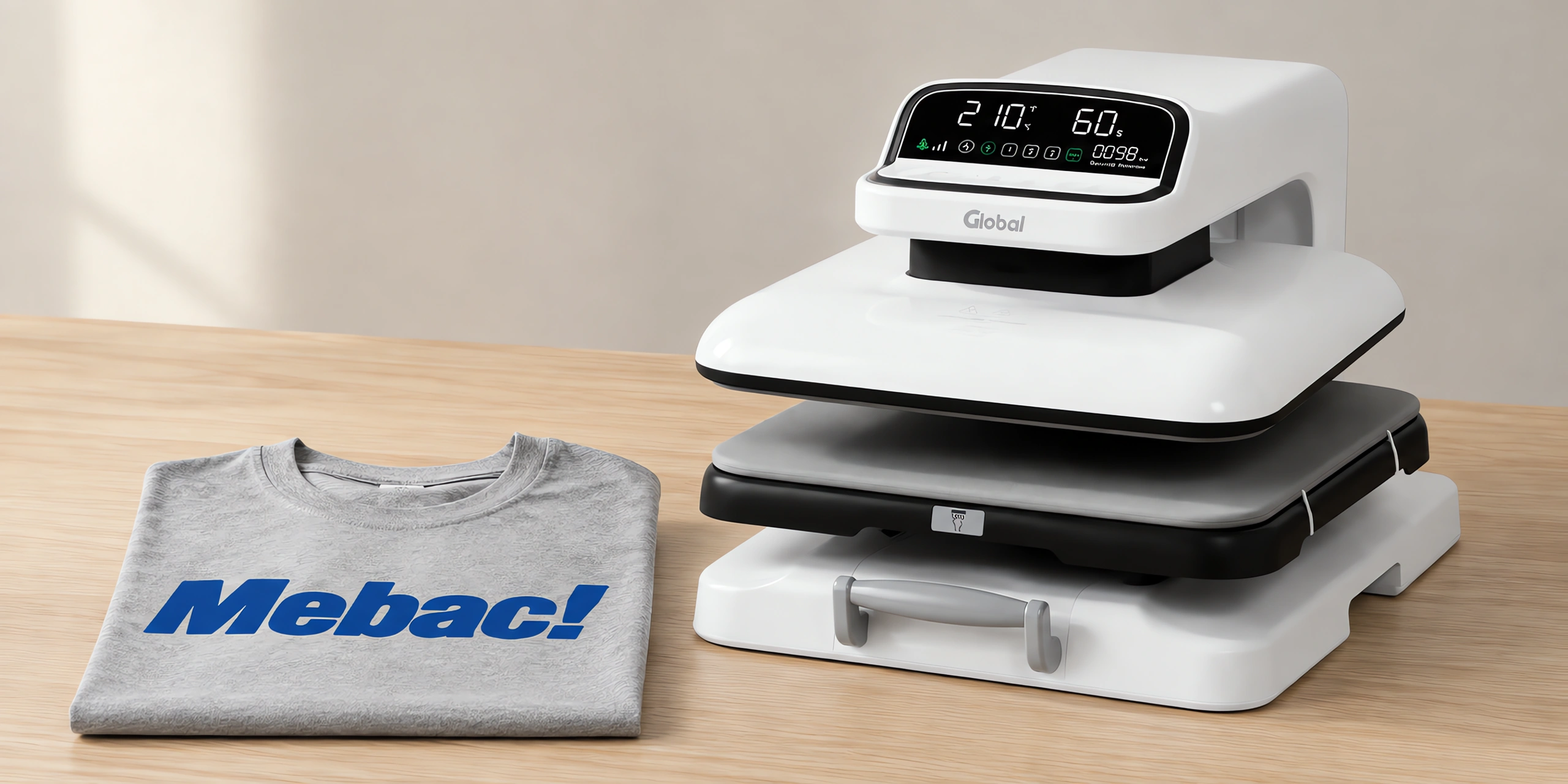 Prensa plana automática abierta sobre la mesa, con la remera recién estampada al lado