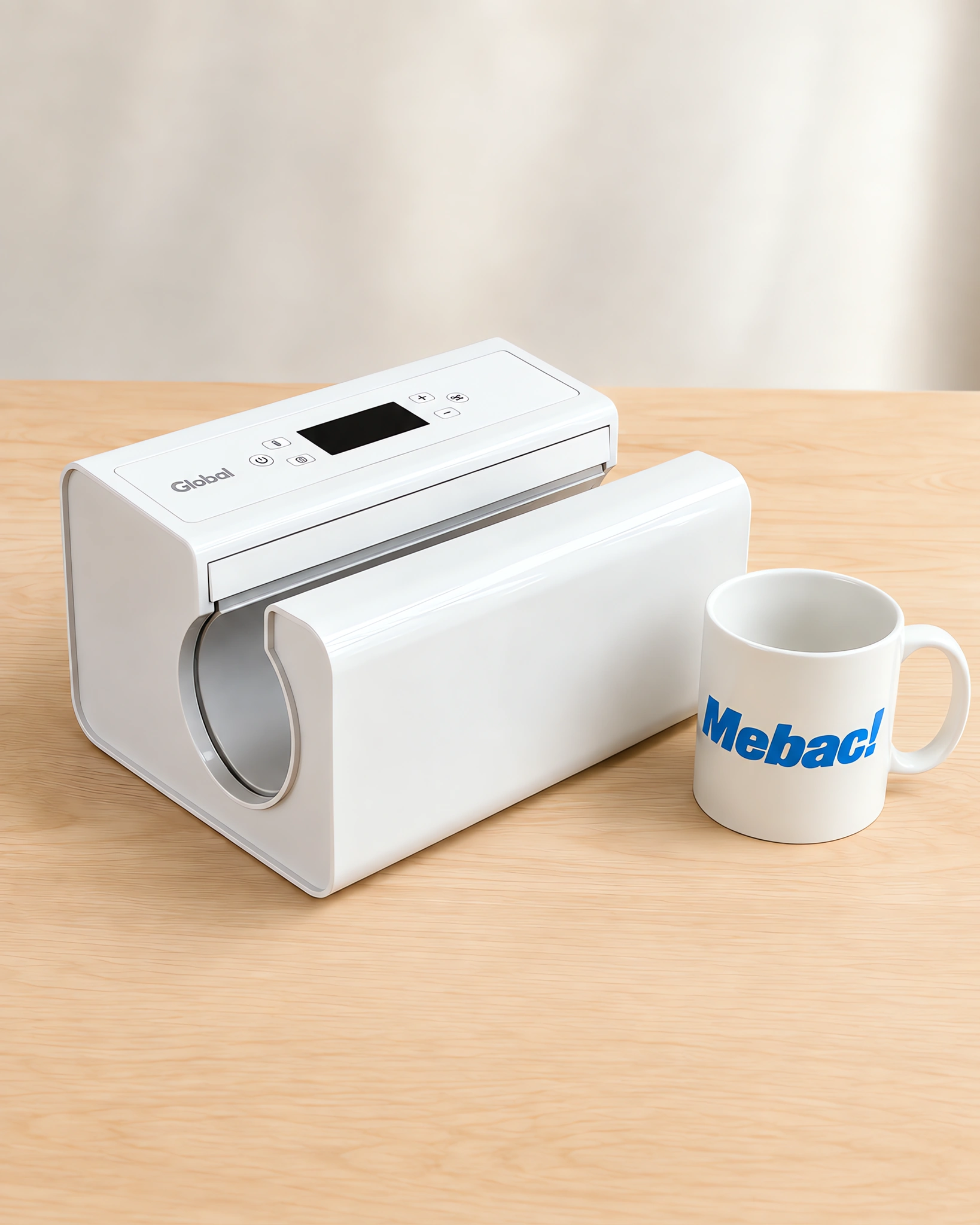 Prensa de tazas automática sobre la mesa, con la taza recién sublimada al lado