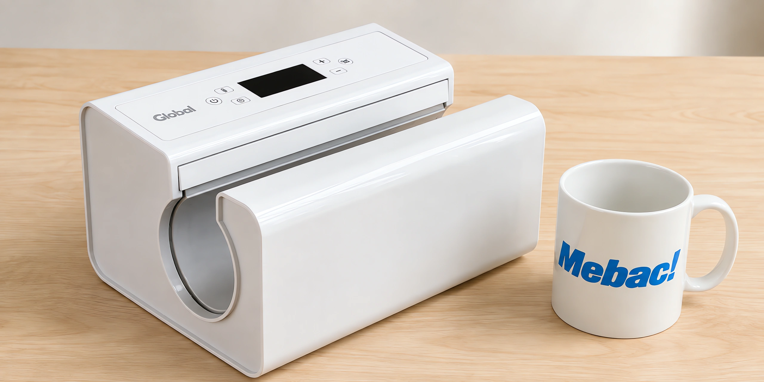 Prensa de tazas automática sobre la mesa, con la taza recién sublimada al lado
