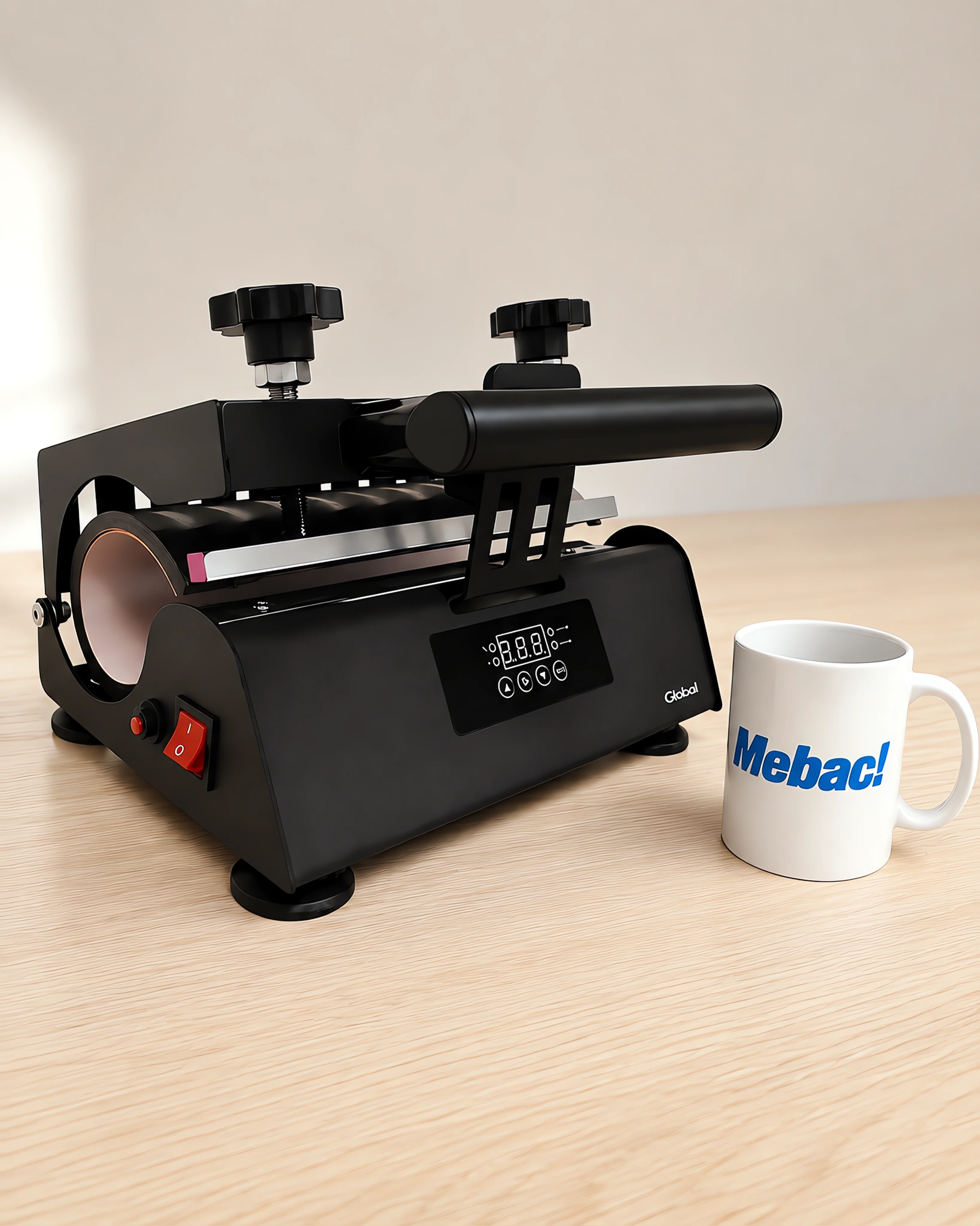 Prensa de tazas manual sobre la mesa, con la taza recién sublimada al lado