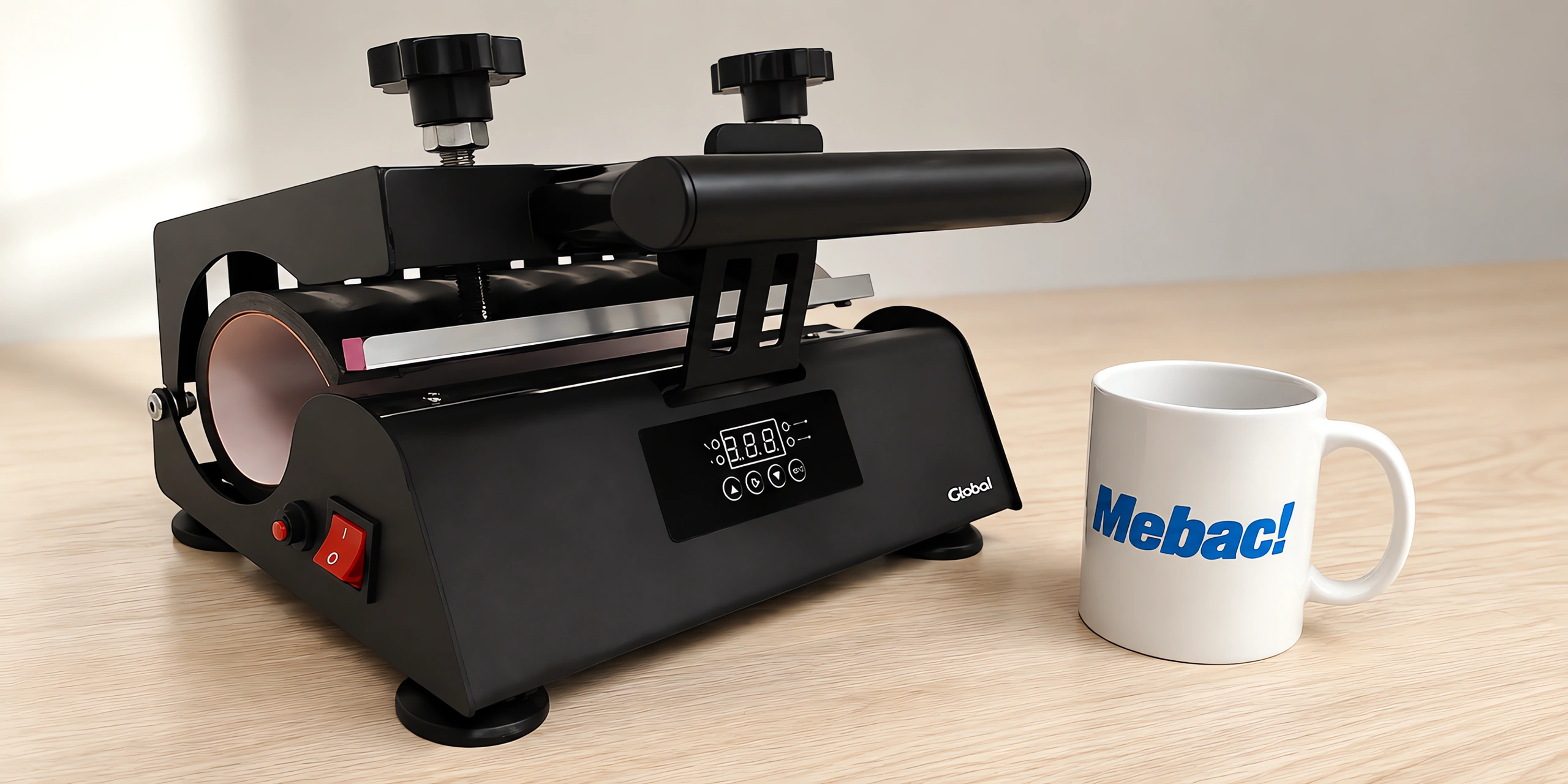 Prensa de tazas manual sobre la mesa, con la taza recién sublimada al lado