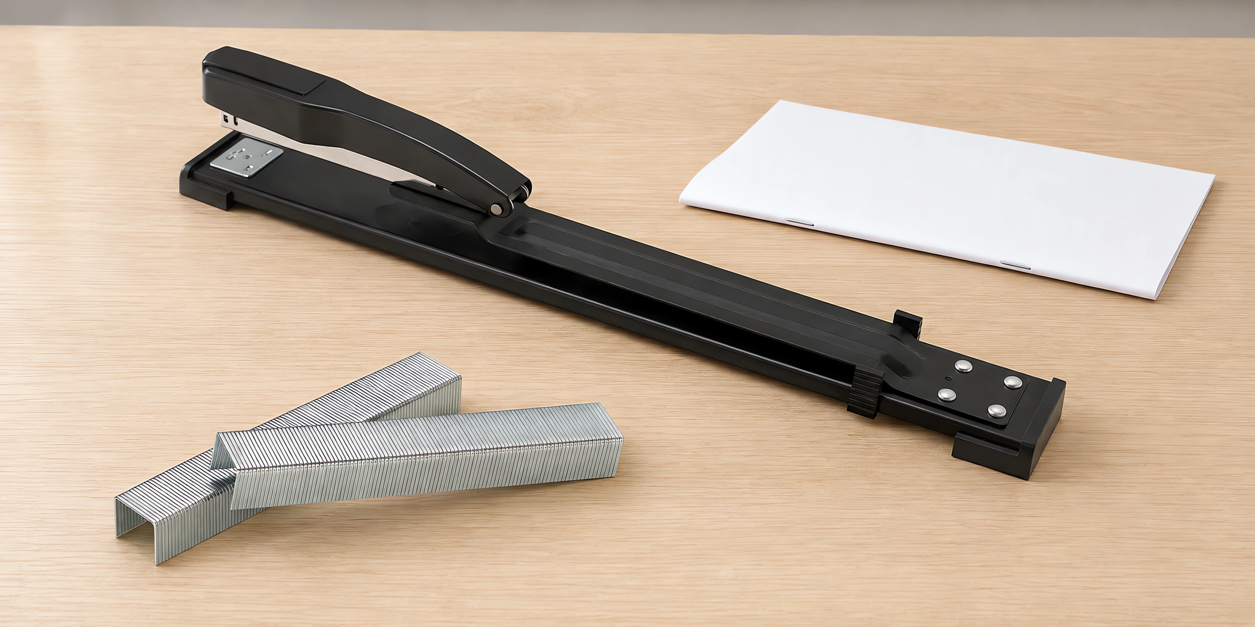 Dos tiras de grapas sobre la mesa, delante de la abrochadora revistera y de un cuadernillo abrochado