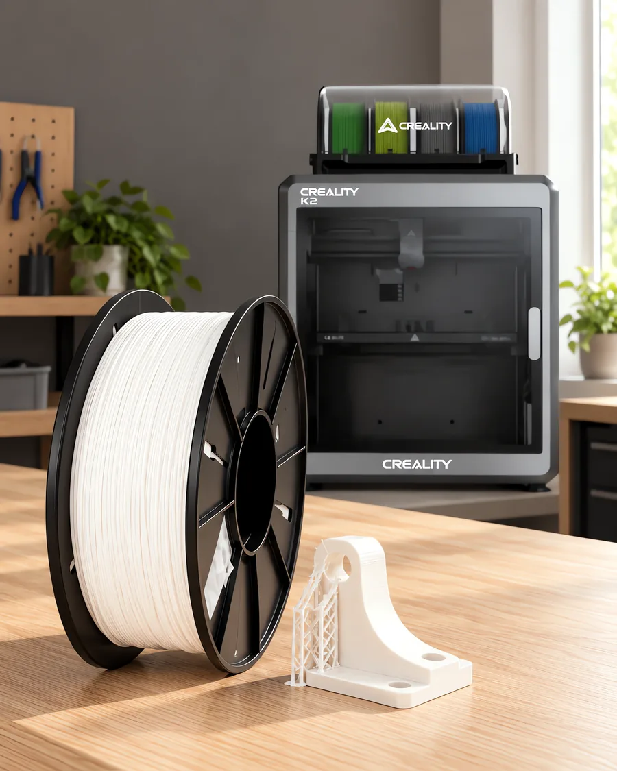 Carretel de filamento hips natural sobre una mesa de roble claro, con una impresora 3D detrás y un soporte impresa en el mismo color al lado.