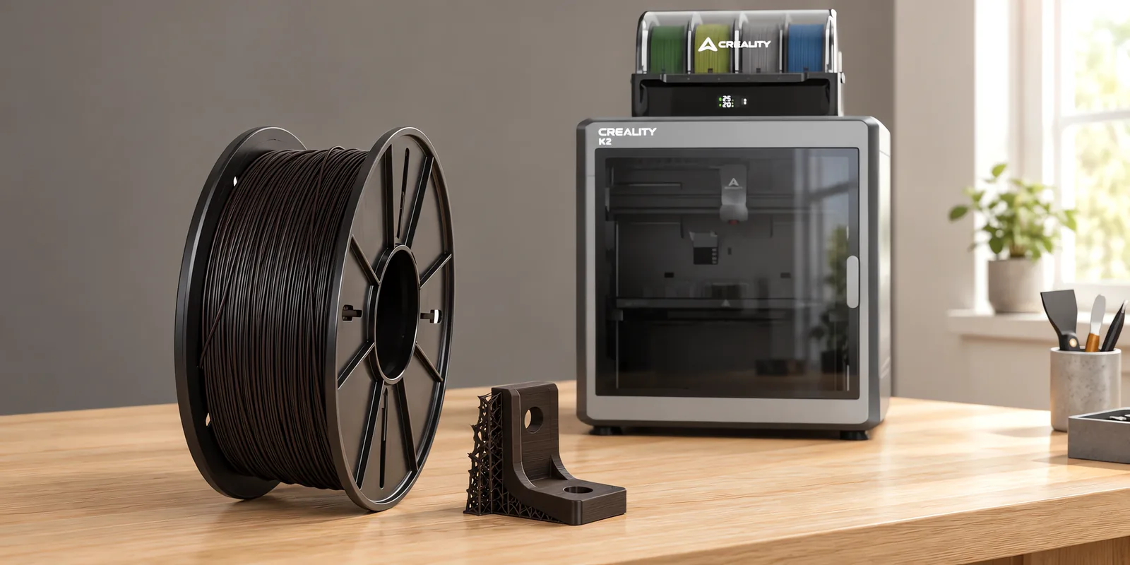 Carretel de filamento hips negro sobre una mesa de roble claro, con una impresora 3D detrás y un soporte impresa en el mismo color al lado.