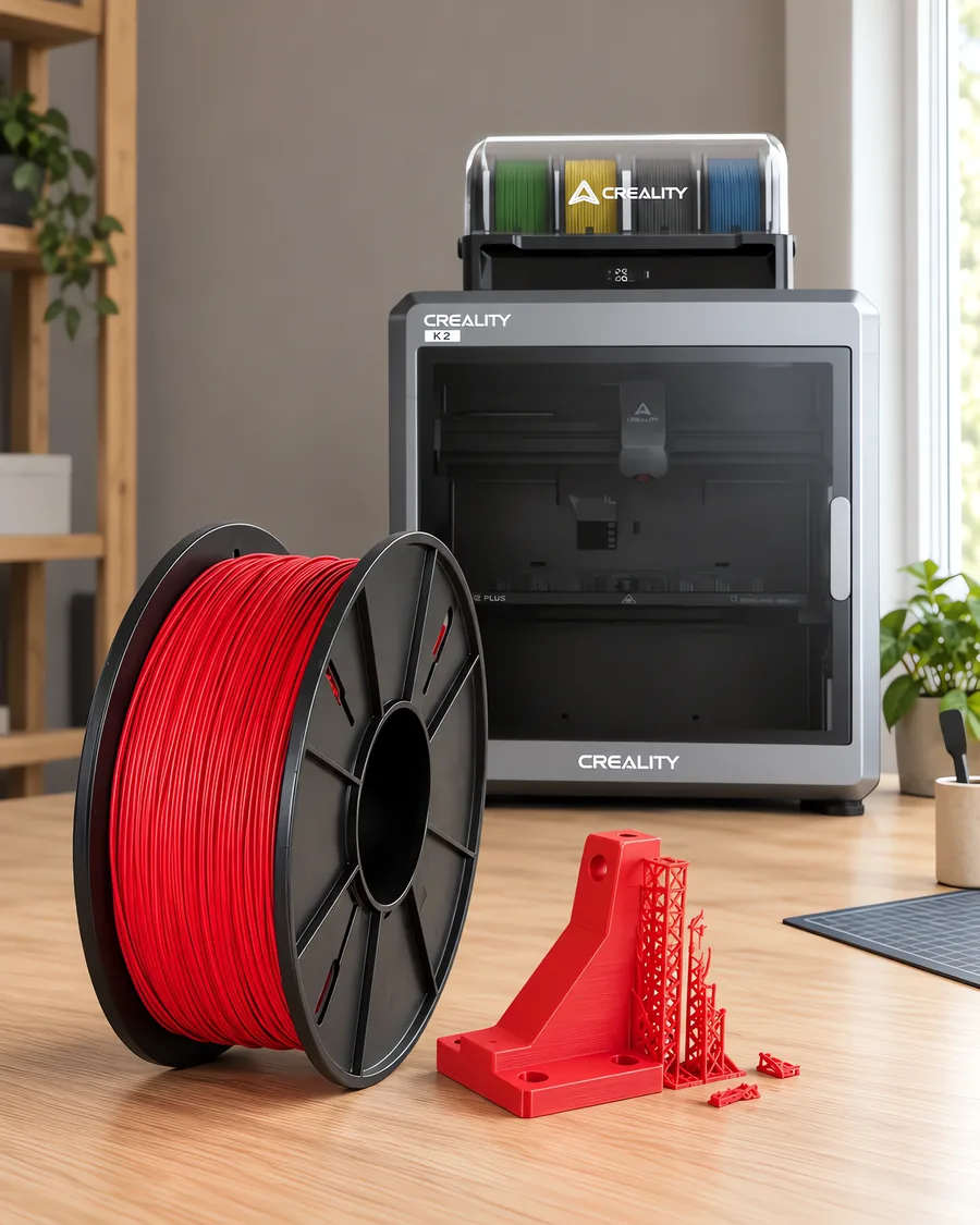 Carretel de filamento hips rojo sobre una mesa de roble claro, con una impresora 3D detrás y un soporte impresa en el mismo color al lado.