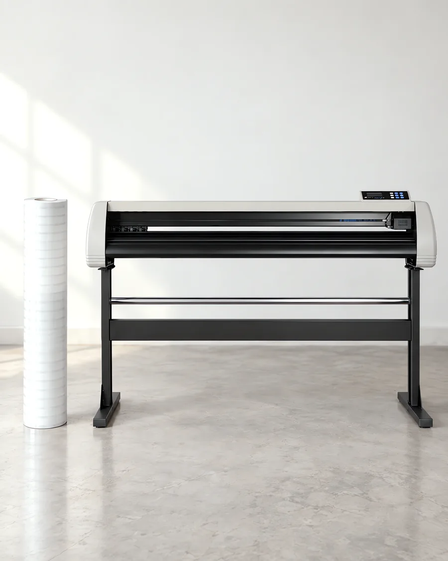 Rollo de vinilo banda horizontal fade, parado junto al plóter de corte