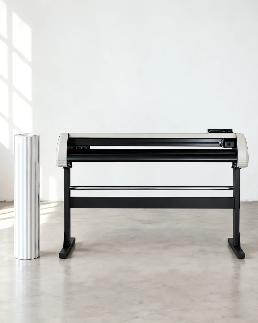 Rollo de vinilo bandas verticales, parado junto al plóter de corte
