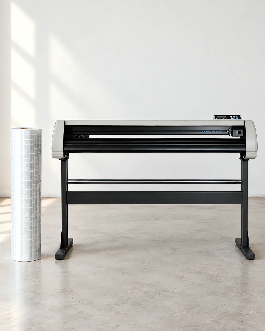 Rollo de vinilo rectangulos, parado junto al plóter de corte