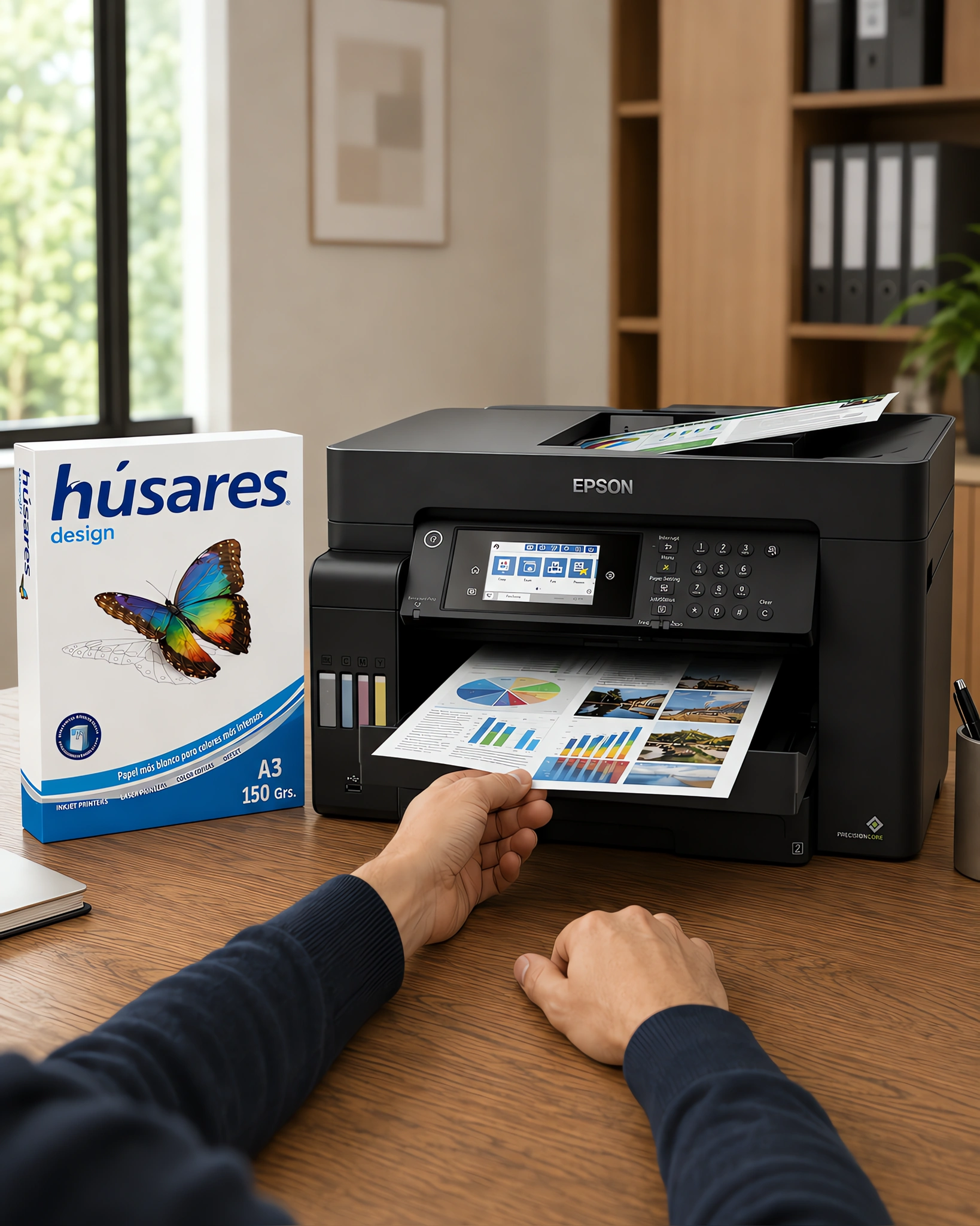 Una impresora A3 sacando una presentación a color junto al paquete de papel Húsares Design