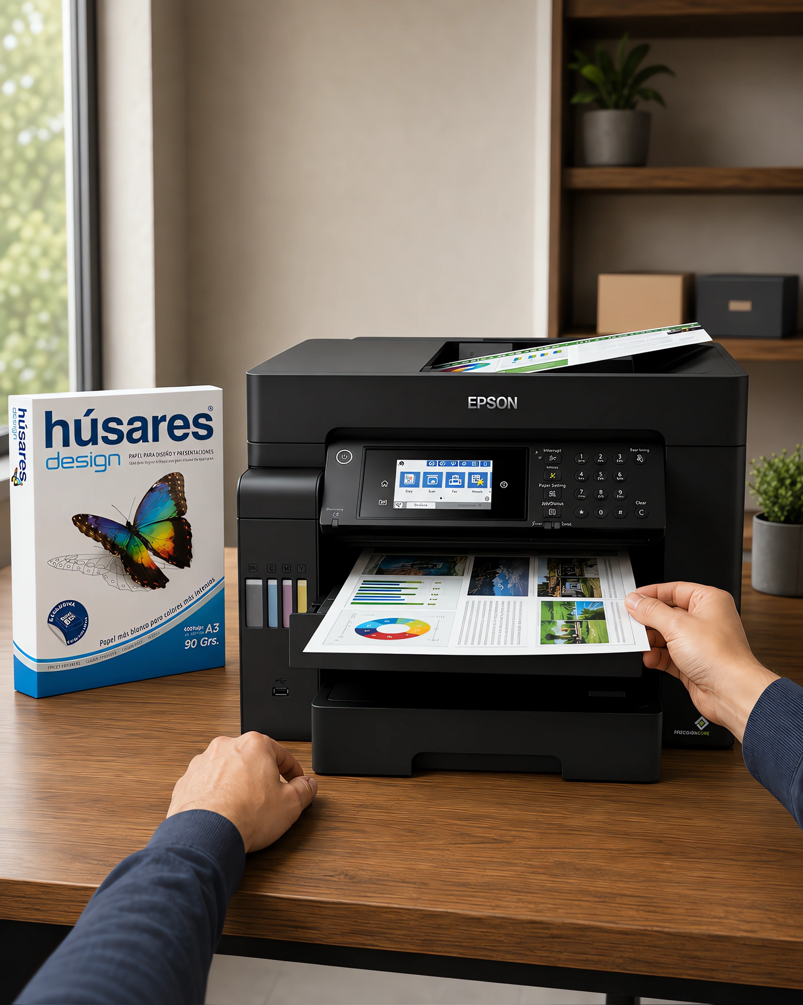 Una impresora A3 sacando una presentación a color junto al paquete de papel Húsares Design