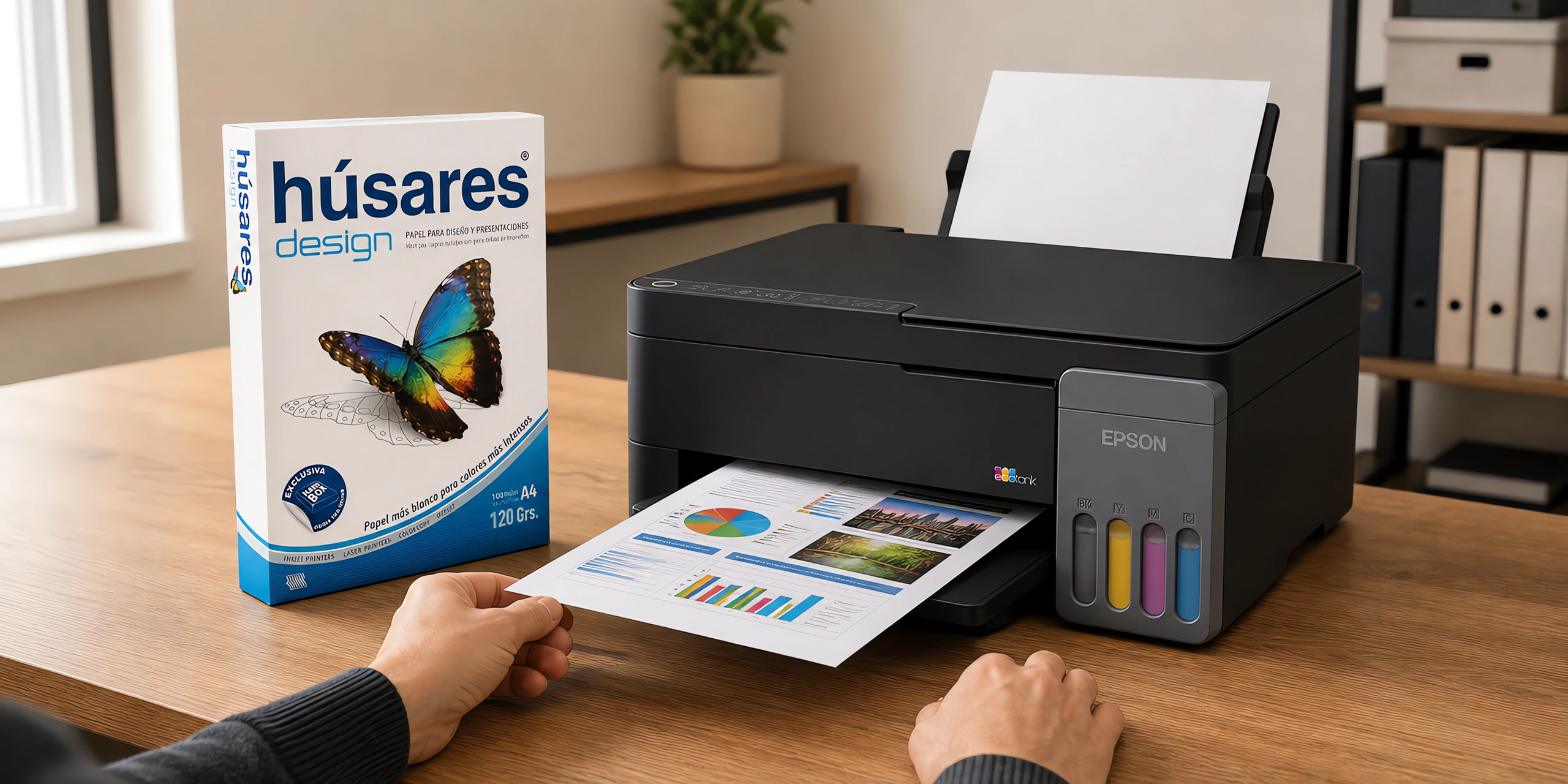 Una impresora sacando una presentación a color junto a un paquete de papel Húsares Design