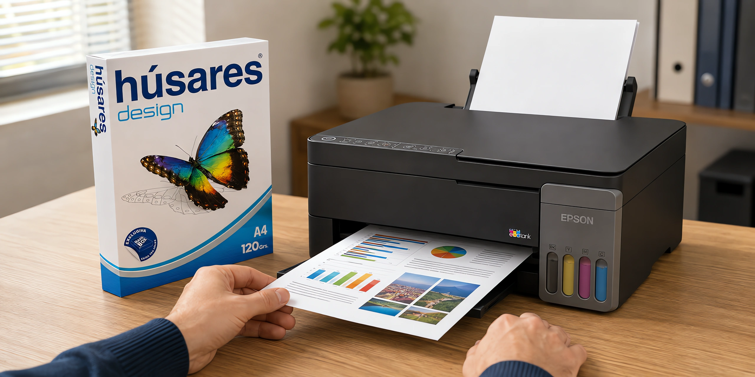 Una impresora sacando una presentación a color junto a un paquete de papel Húsares Design
