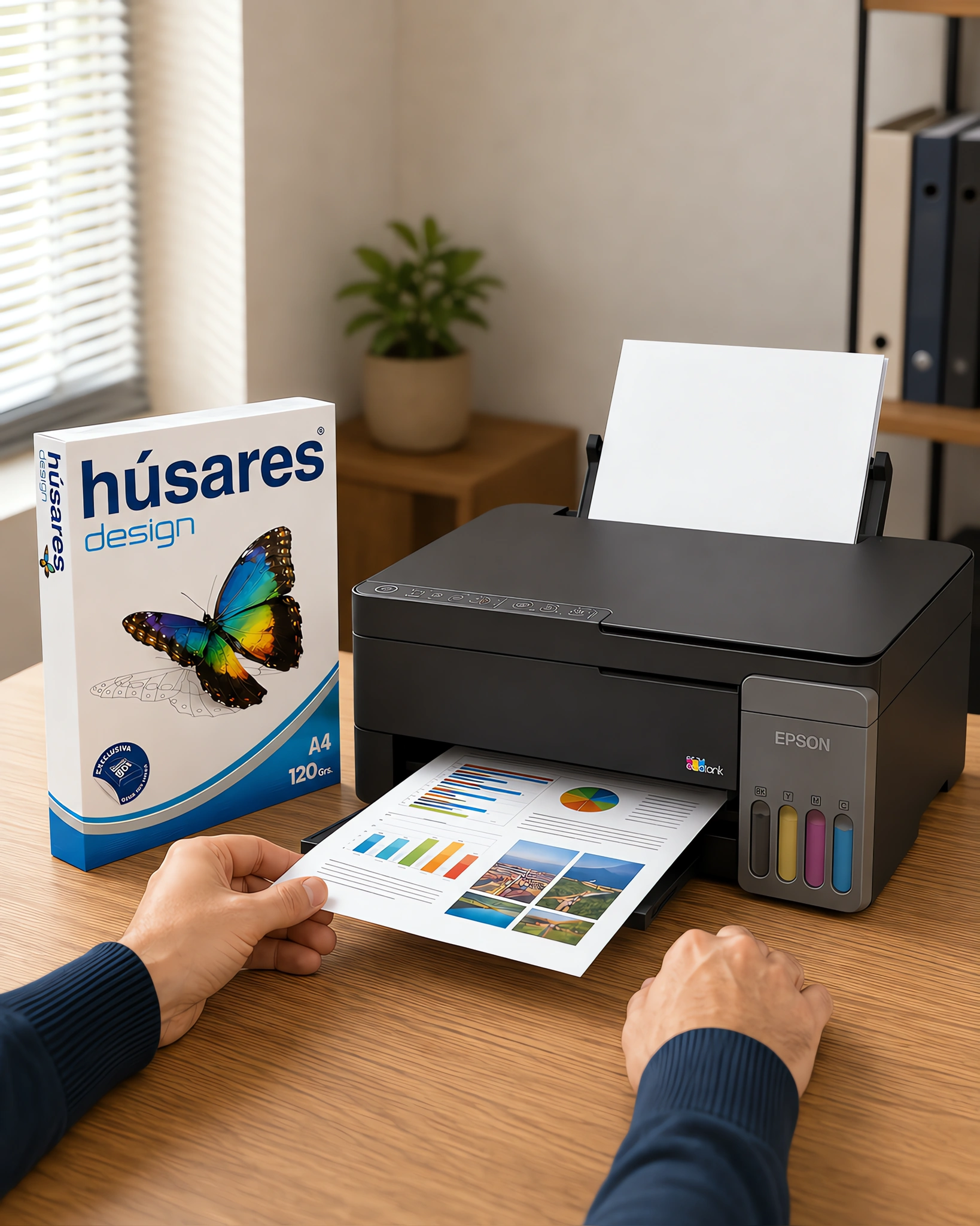 Una impresora sacando una presentación a color junto a un paquete de papel Húsares Design