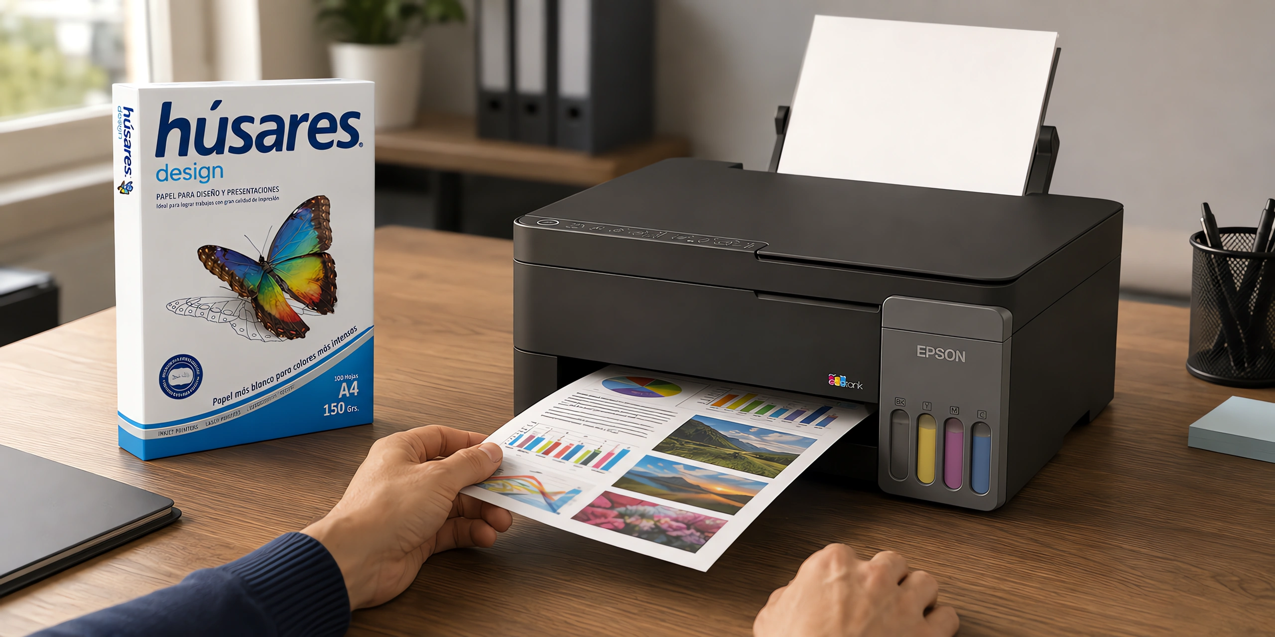 Una impresora sacando una presentación a color junto a un paquete de papel Húsares Design