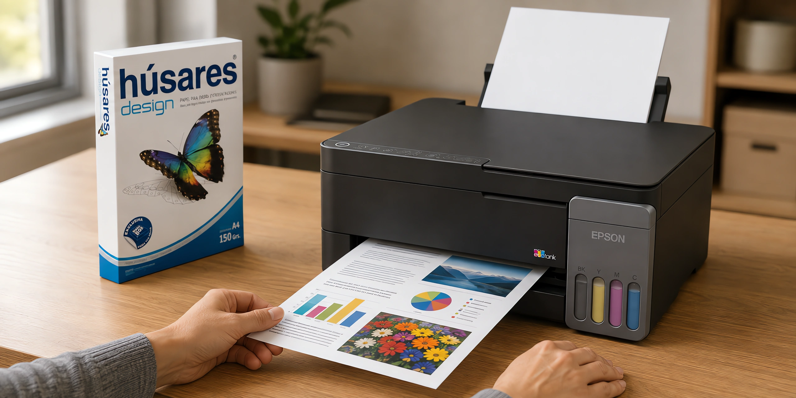 Una impresora sacando una presentación a color junto a un paquete de papel Húsares Design