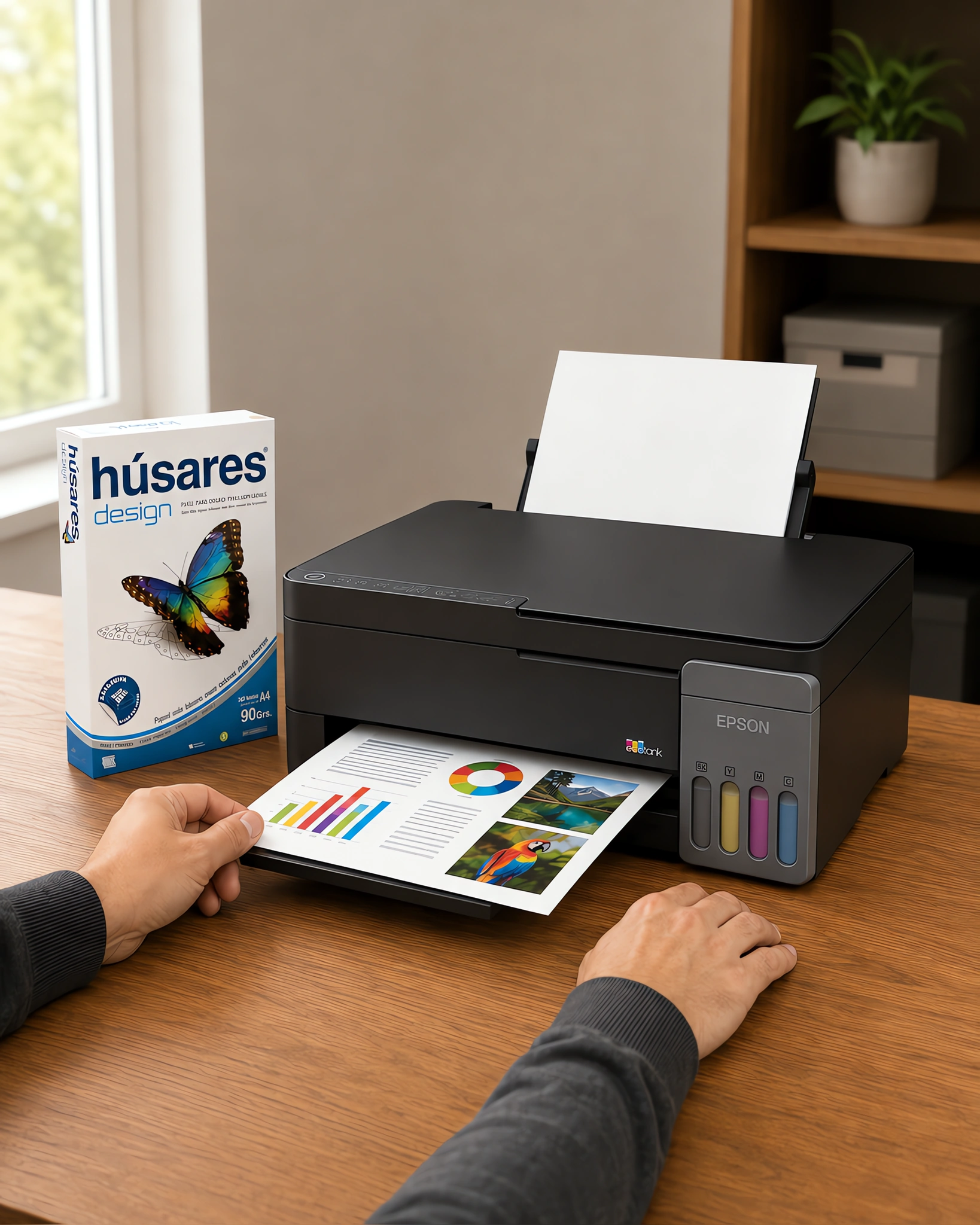 Una impresora sacando una presentación a color junto a un paquete de papel Húsares Design