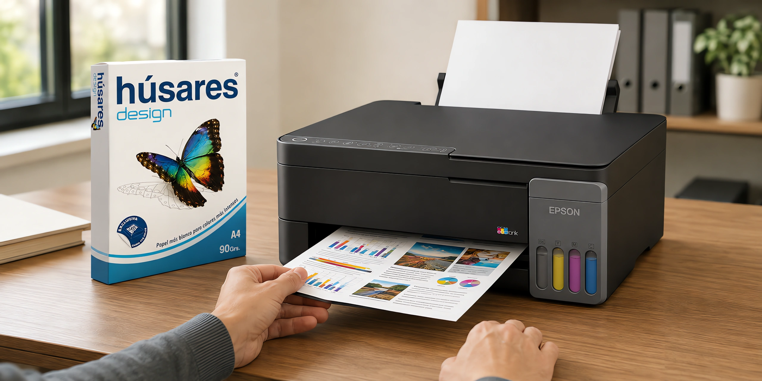 Una impresora sacando una presentación a color junto a un paquete de papel Húsares Design