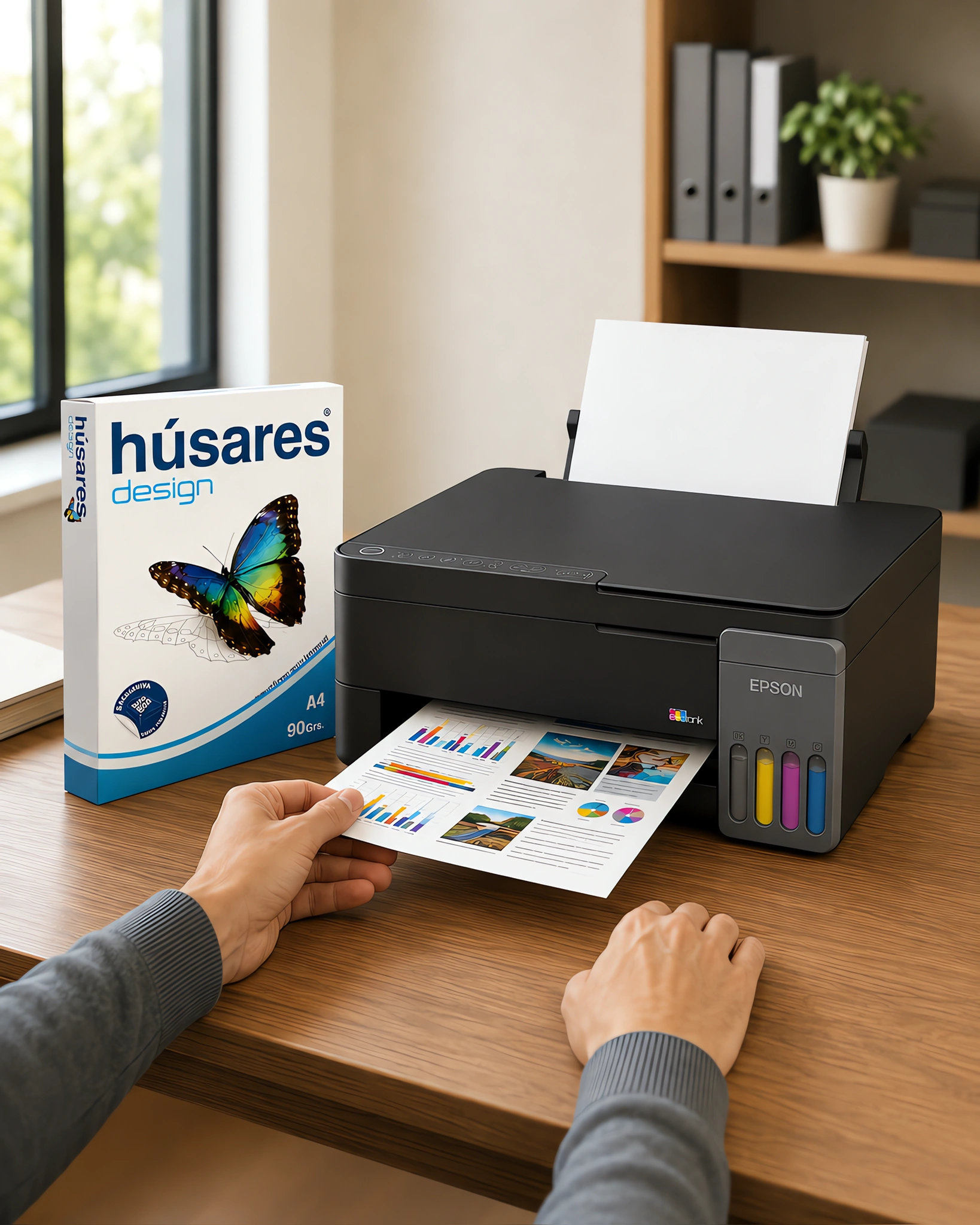 Una impresora sacando una presentación a color junto a un paquete de papel Húsares Design