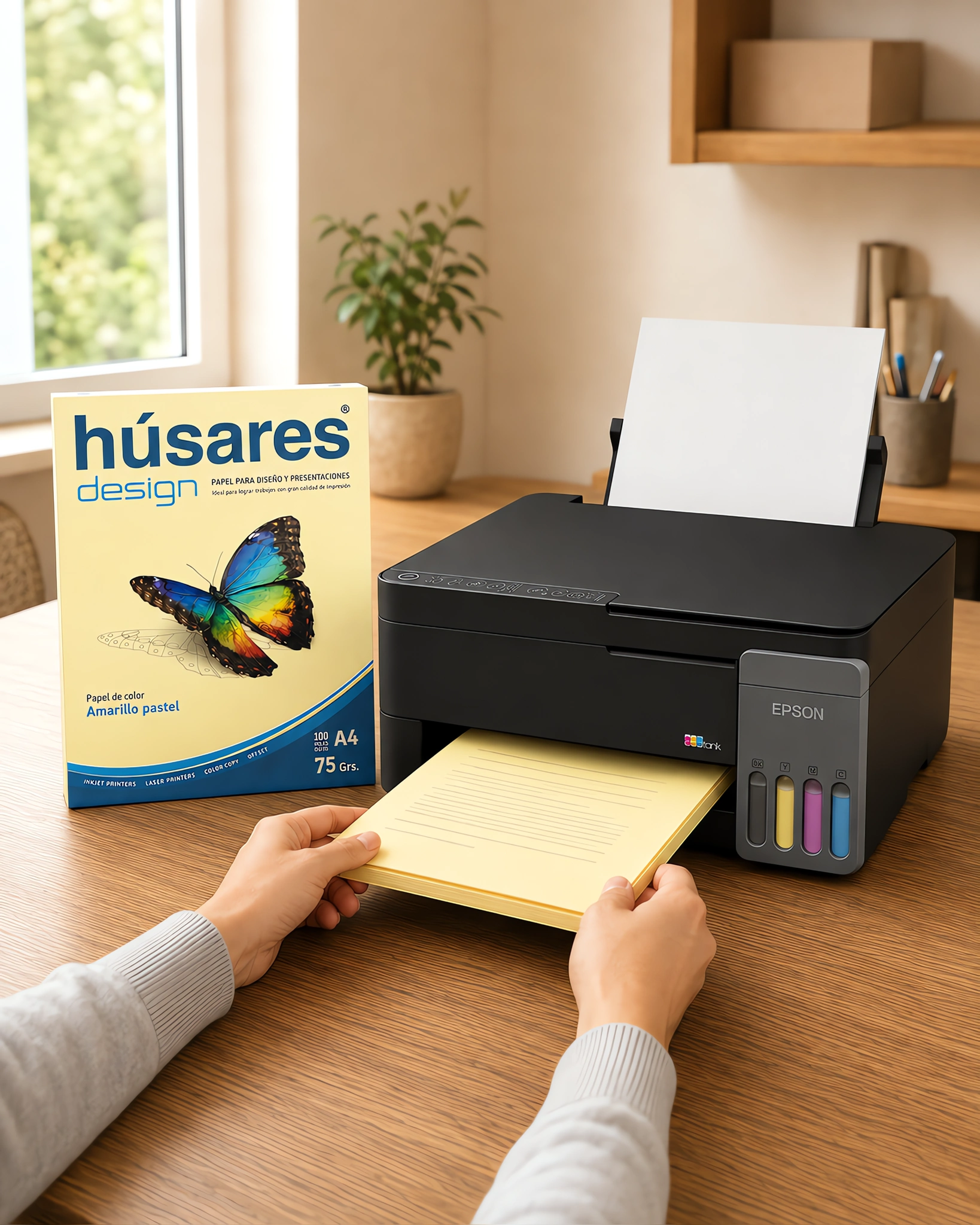 Una impresora con una pila de hojas celestes impresas junto al paquete de papel de color