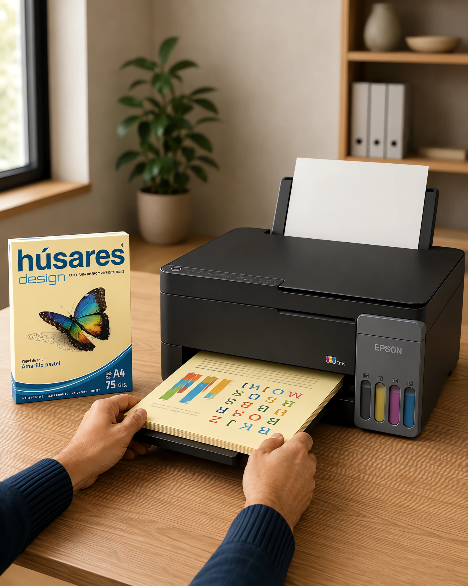 Una impresora con una pila de hojas celestes impresas junto al paquete de papel de color