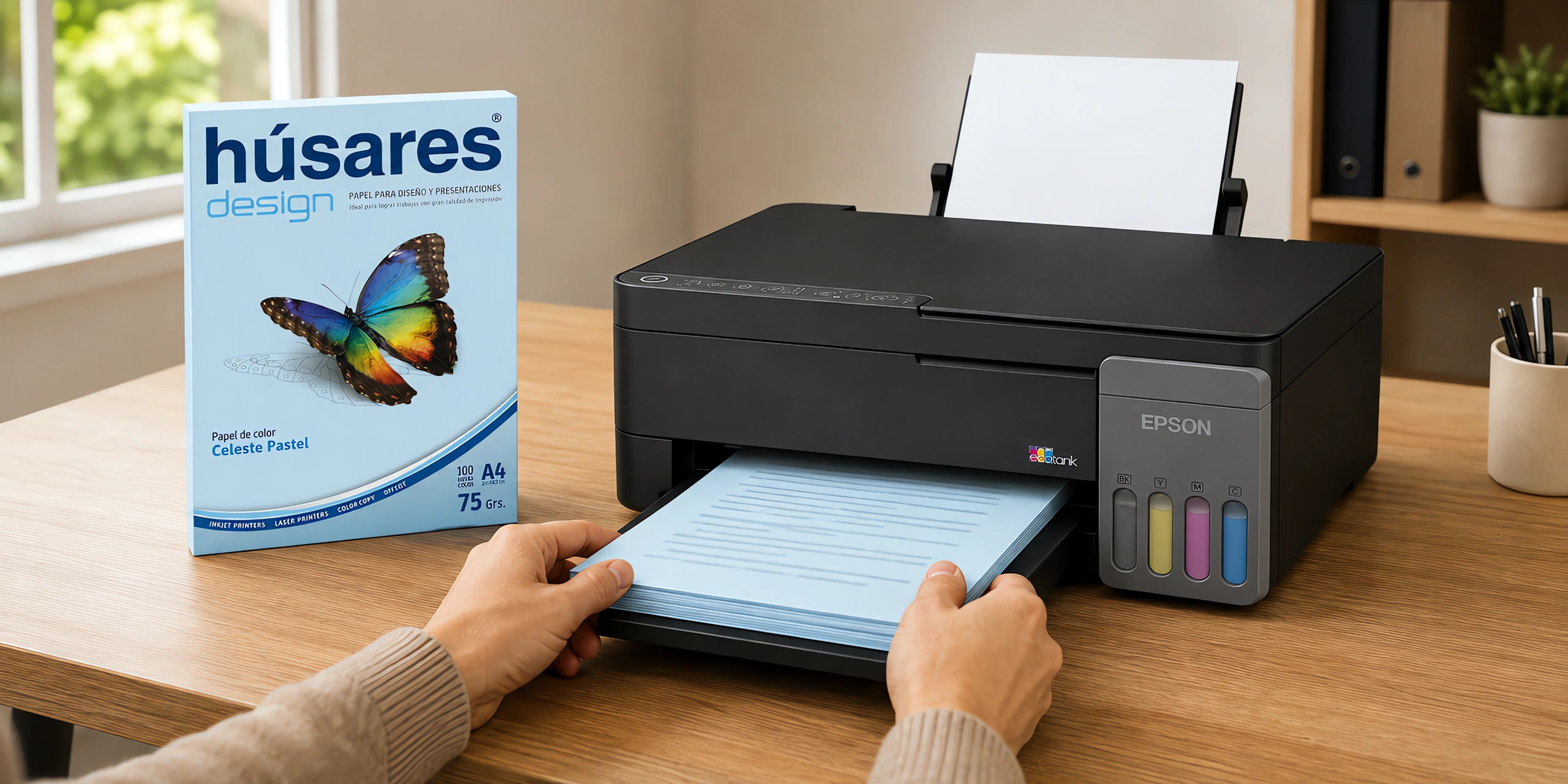 Una impresora con una pila de hojas celestes impresas junto al paquete de papel de color