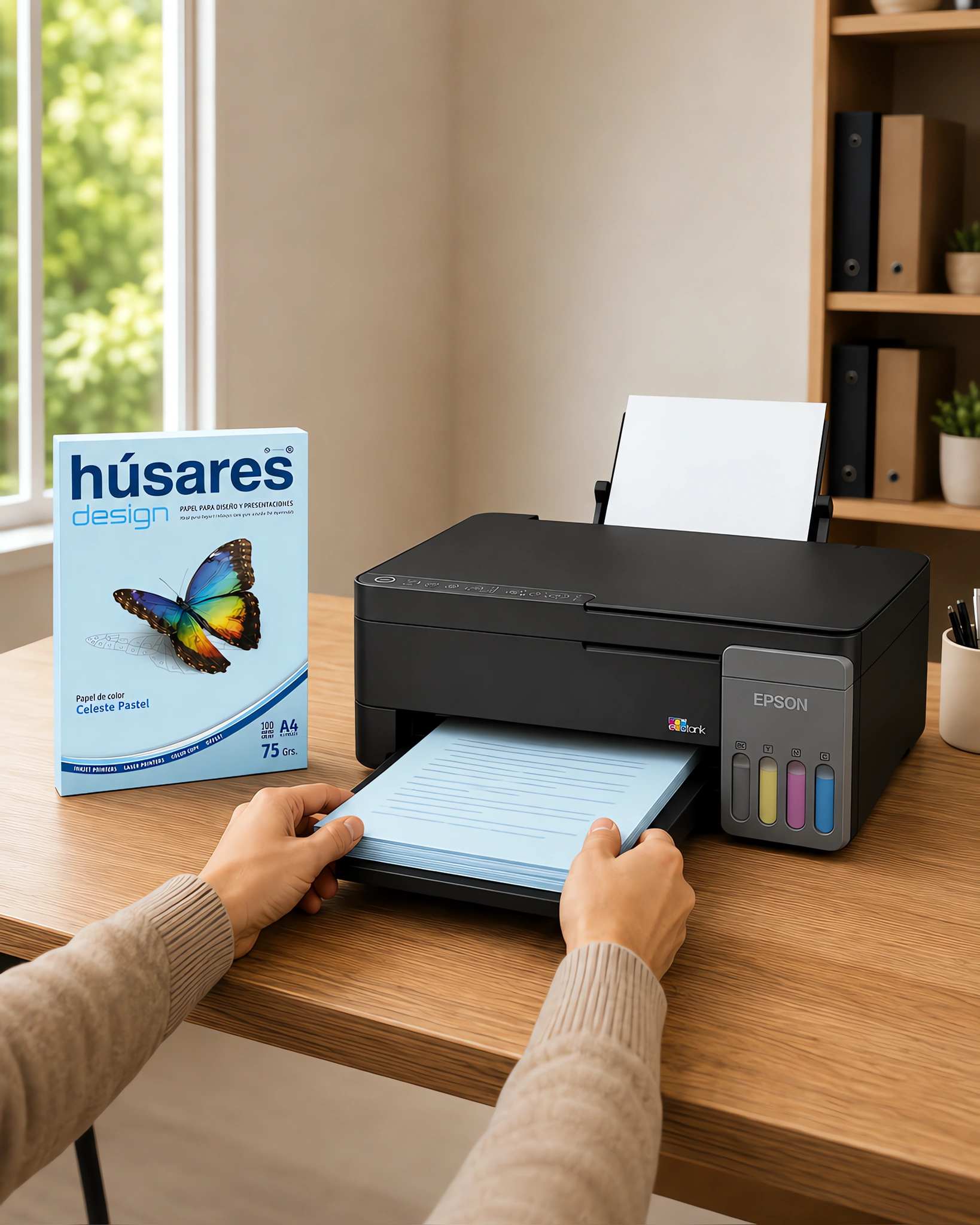Una impresora con una pila de hojas celestes impresas junto al paquete de papel de color