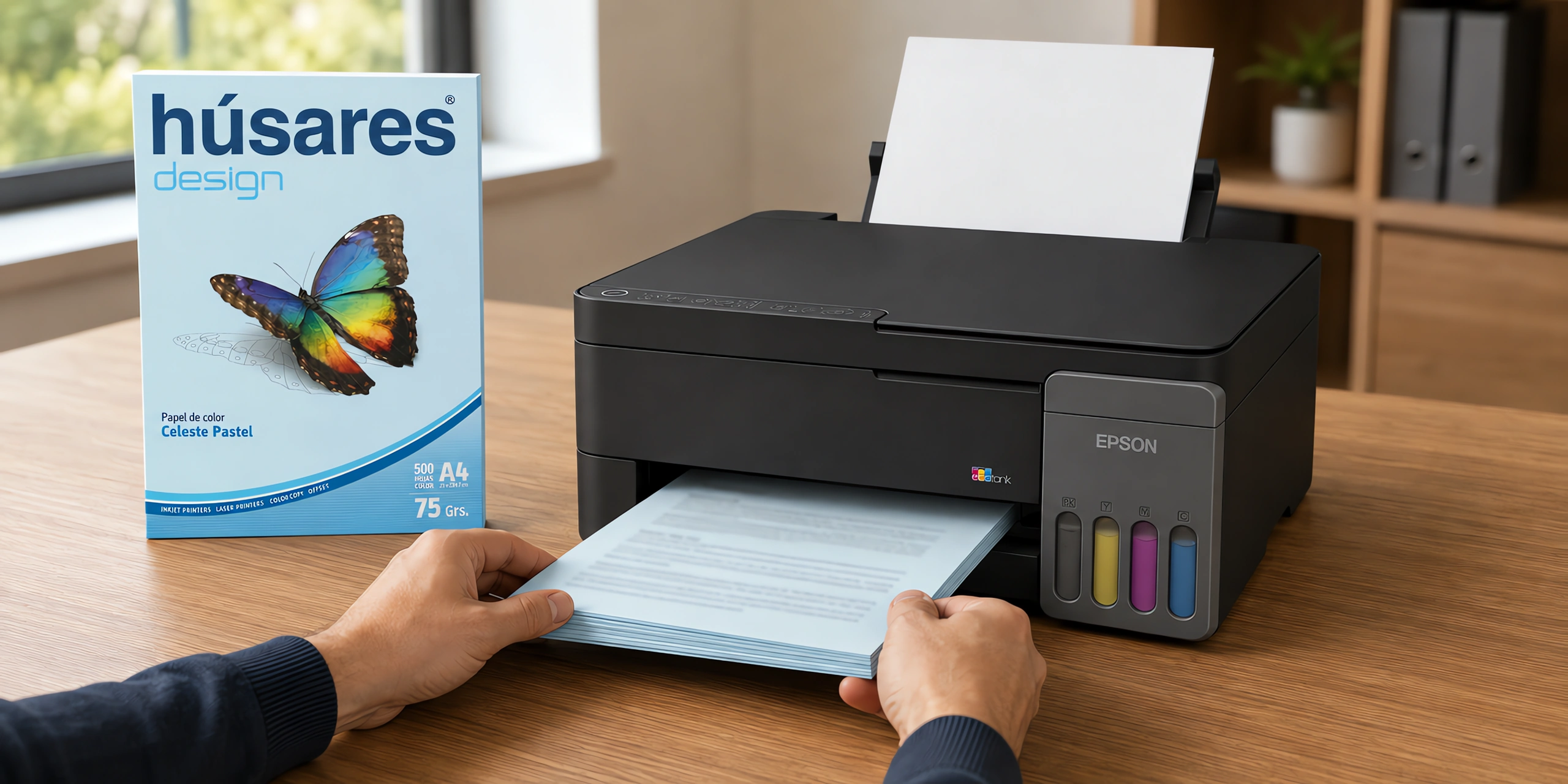 Una impresora con una pila de hojas celestes impresas junto al paquete de papel de color