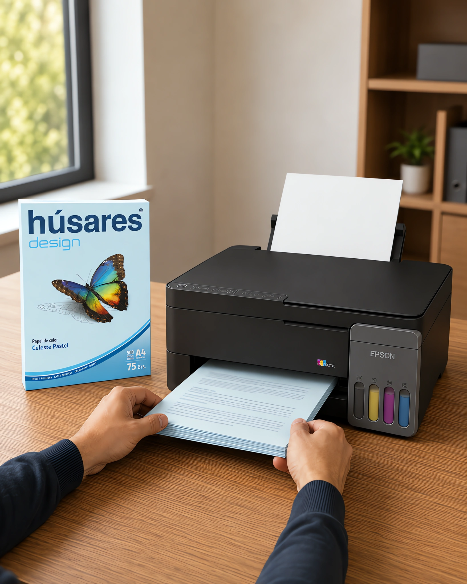 Una impresora con una pila de hojas celestes impresas junto al paquete de papel de color
