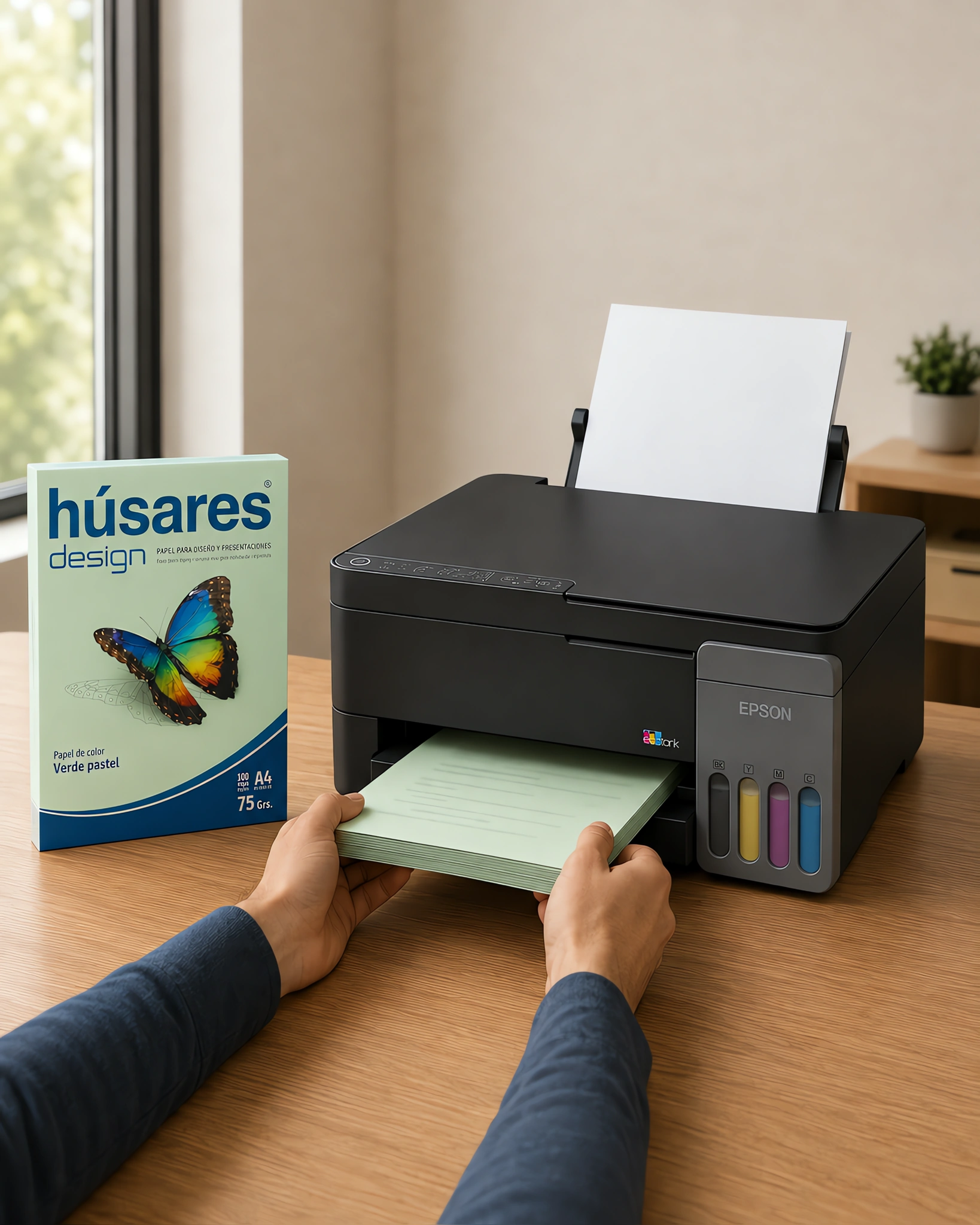 Una impresora con una pila de hojas celestes impresas junto al paquete de papel de color