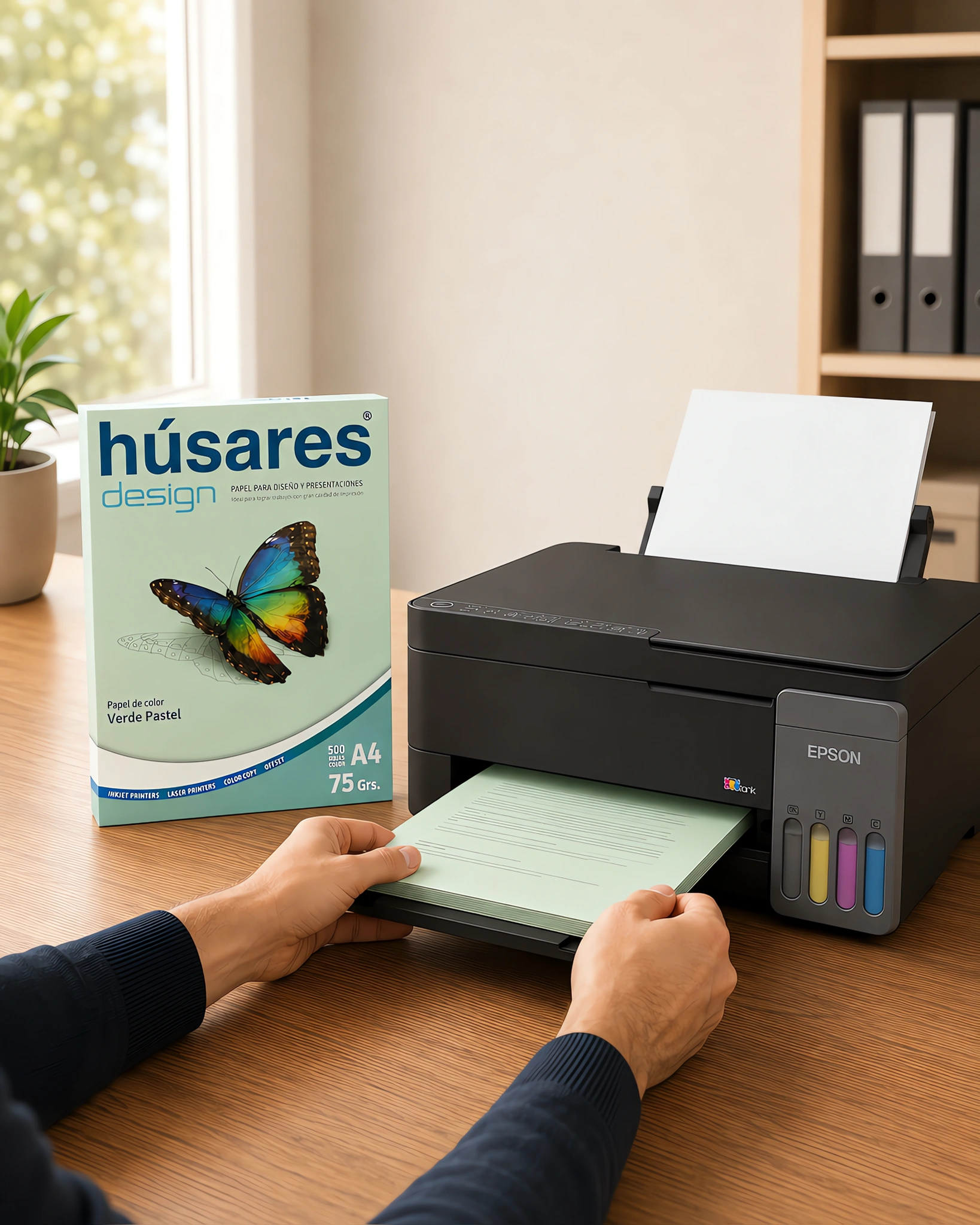Una impresora con una pila de hojas celestes impresas junto al paquete de papel de color