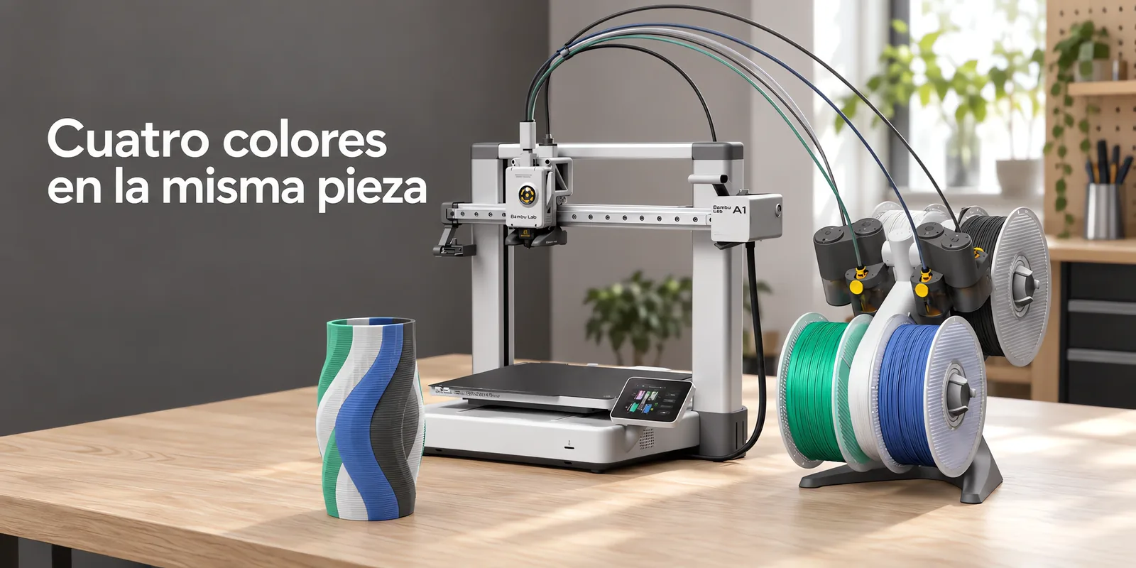 Impresora 3D con su soporte de cuatro carretes al lado, sobre un escritorio de roble claro.