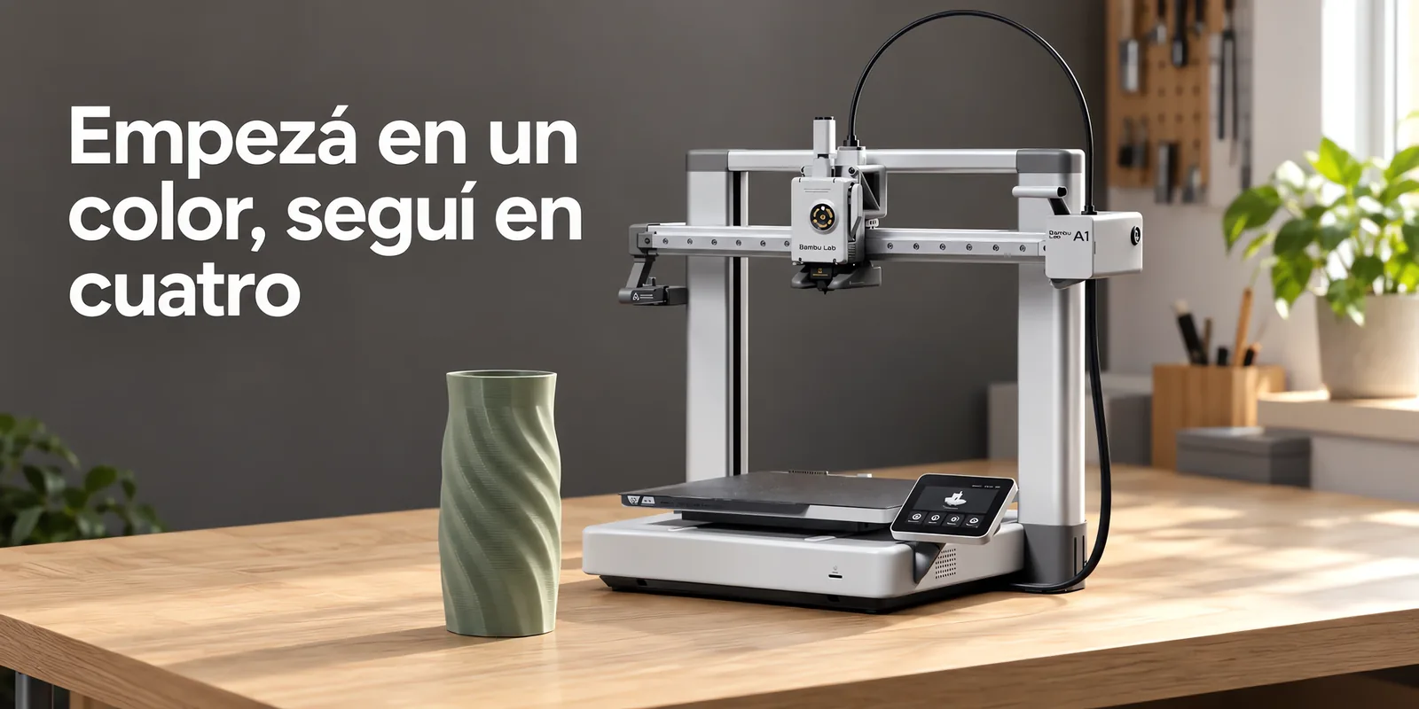 Impresora 3D de un color sobre un escritorio de roble claro, con una pieza impresa al lado.