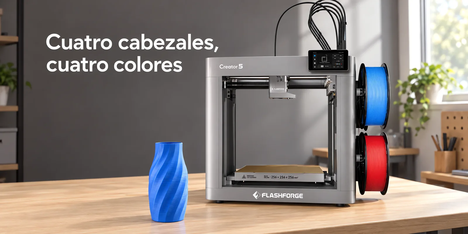 Impresora 3D de marco abierto sobre un escritorio de roble claro, con una pieza impresa al lado.