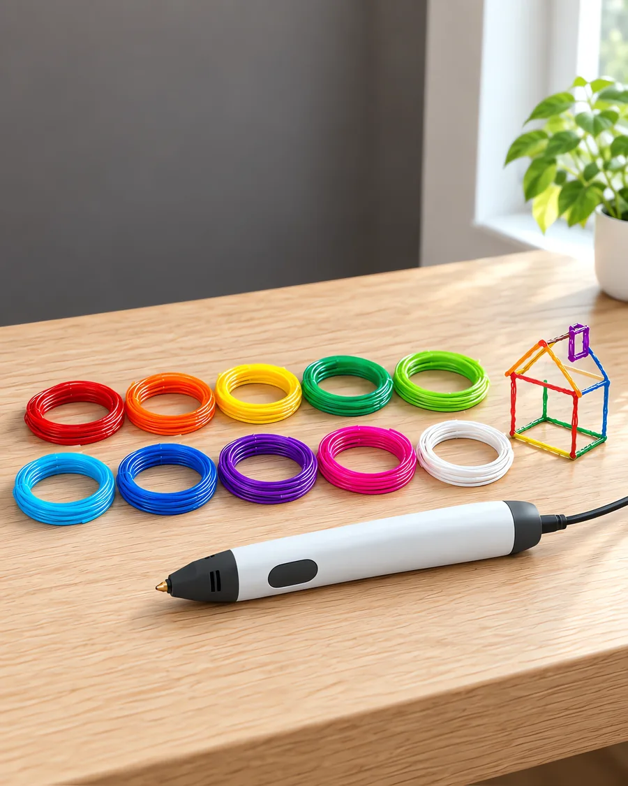 Diez tiras de filamento de colores y un lápiz 3D sobre una mesa de roble claro, con una figura dibujada al lado.
