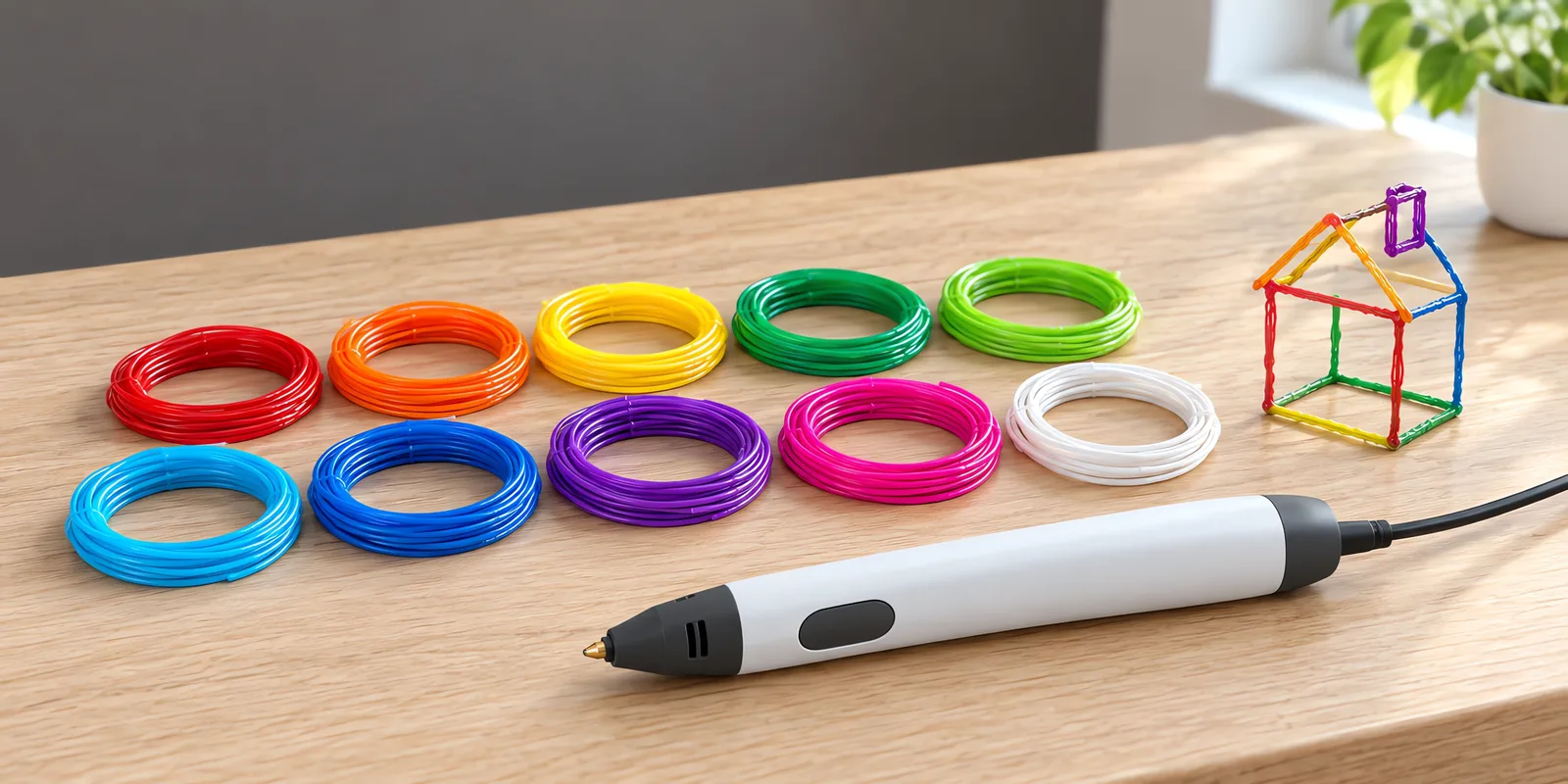 Diez tiras de filamento de colores y un lápiz 3D sobre una mesa de roble claro, con una figura dibujada al lado.