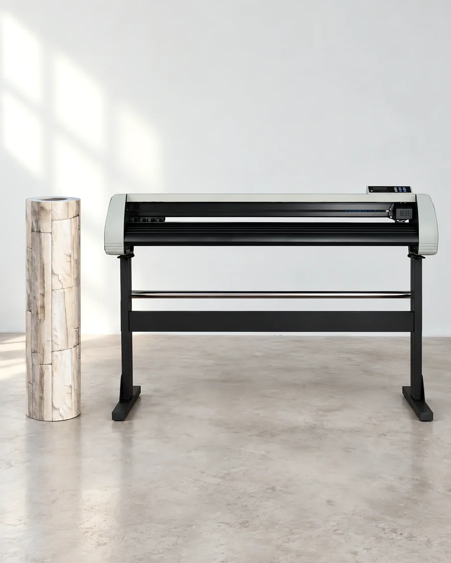 Rollo de vinilo caliza clara, parado junto al plóter de corte