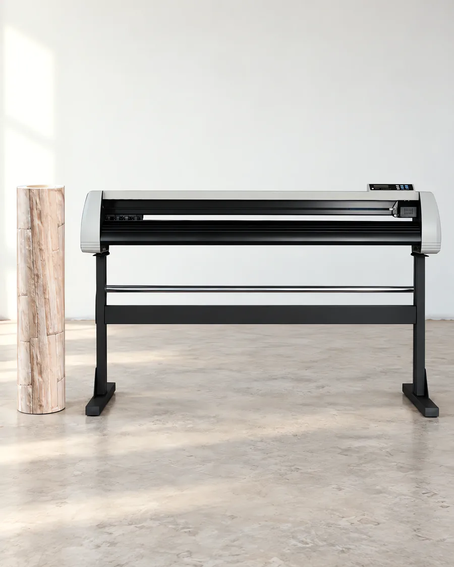 Rollo de vinilo caliza, parado junto al plóter de corte