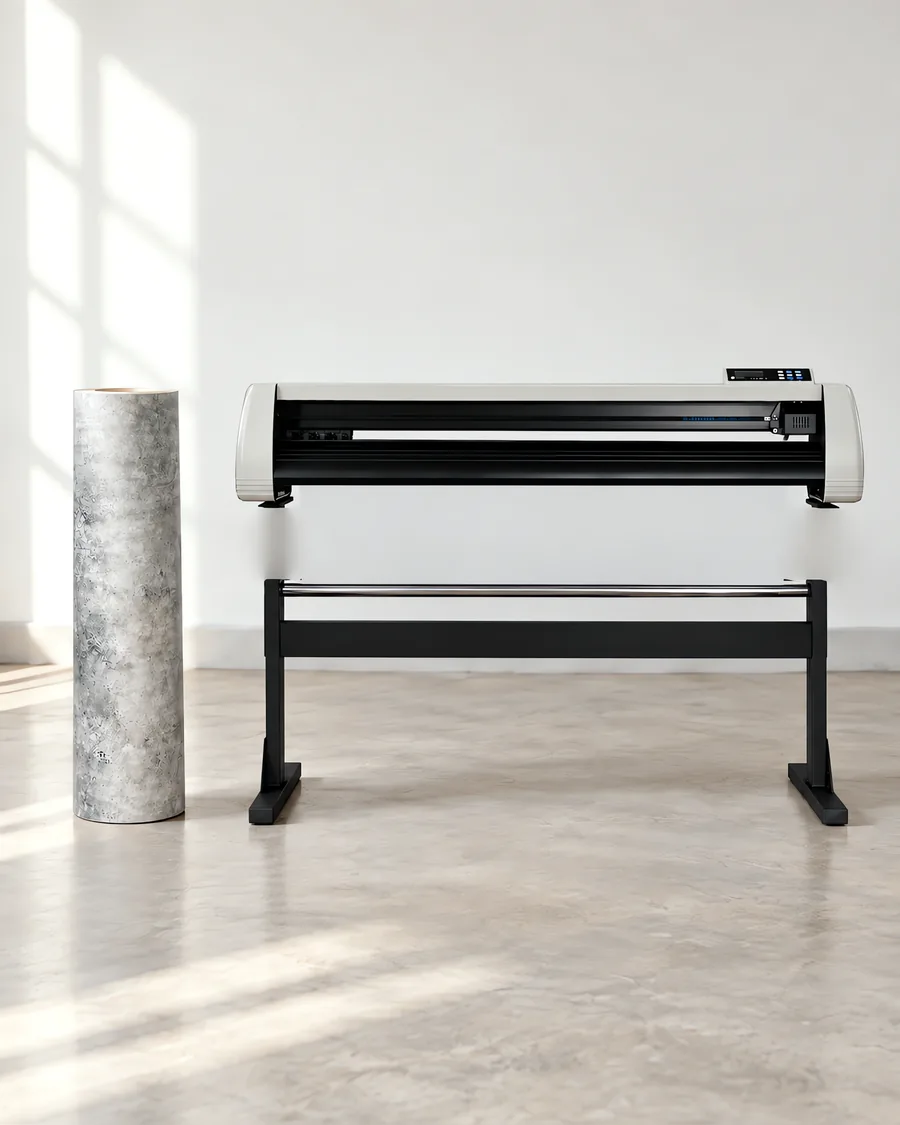 Rollo de vinilo cemento alisado, parado junto al plóter de corte